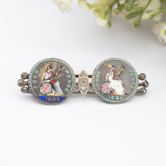 Antique 1888 Silver Victorian Fourpence Coin Brooch - Enamel Coin Jewellery | Hand Painted Britannia | Colonial Issue Groat