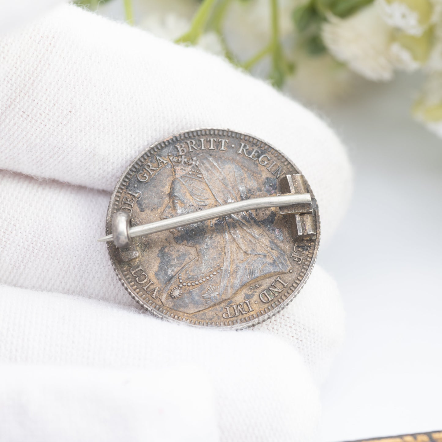 Antique Silver 1893 Victoria One Shilling Coin Brooch - Enamel Coin Jewellery