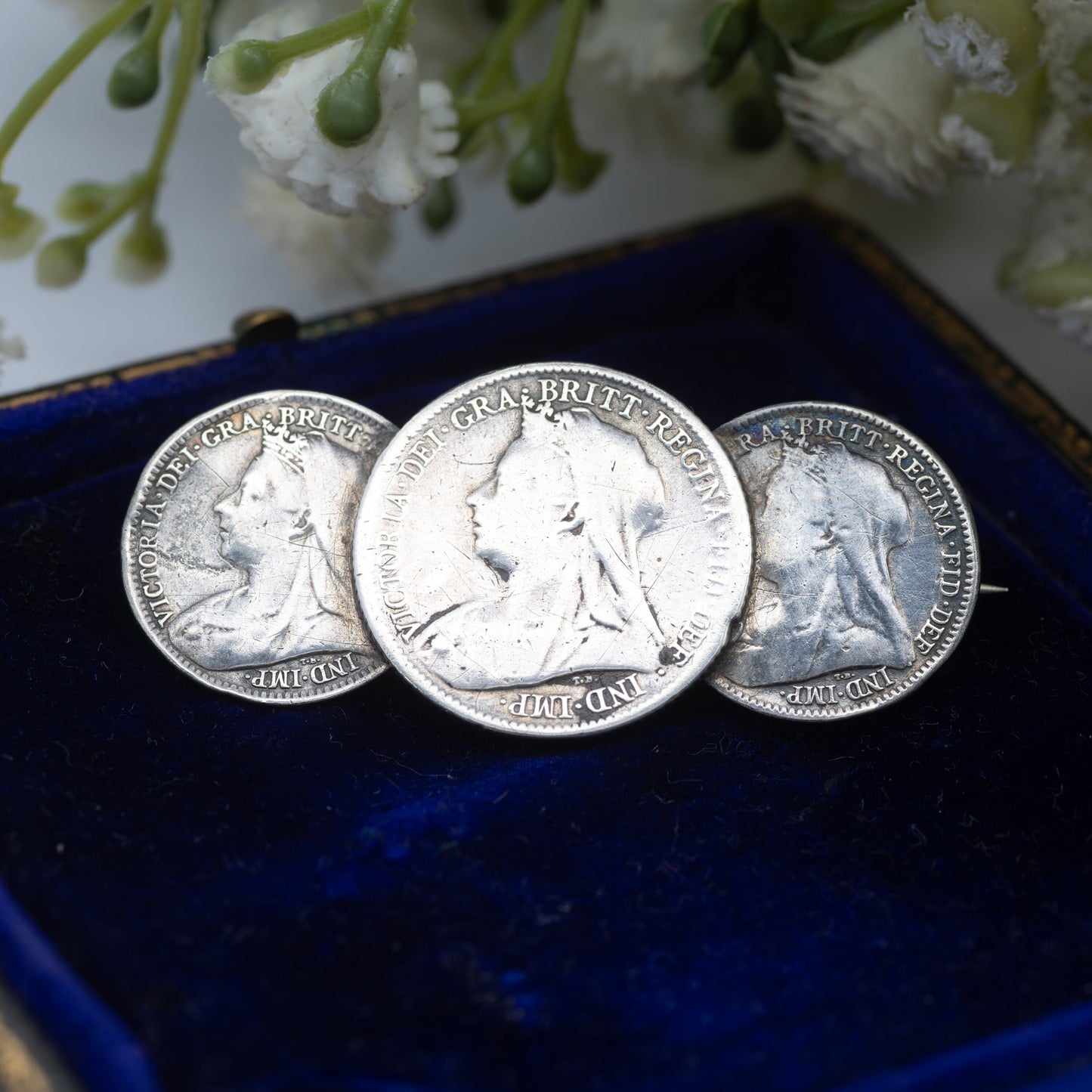 Antique Sterling Silver Victoria Coin Brooch with Three Coins - 1899 Six Pence | 1900 Threepence | Old Head