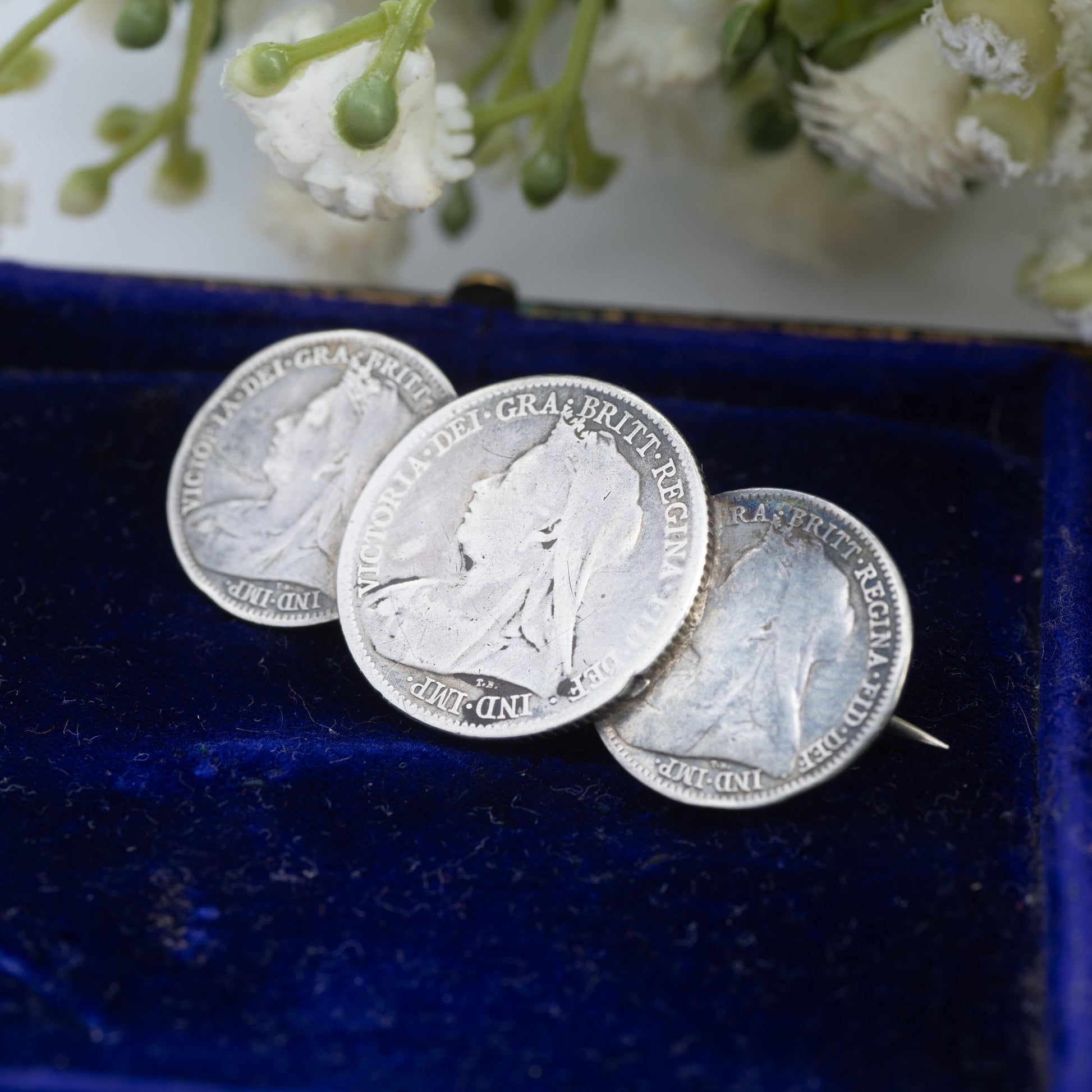 Antique Sterling Silver Victoria Coin Brooch with Three Coins - 1899 Six Pence | 1900 Threepence | Old Head