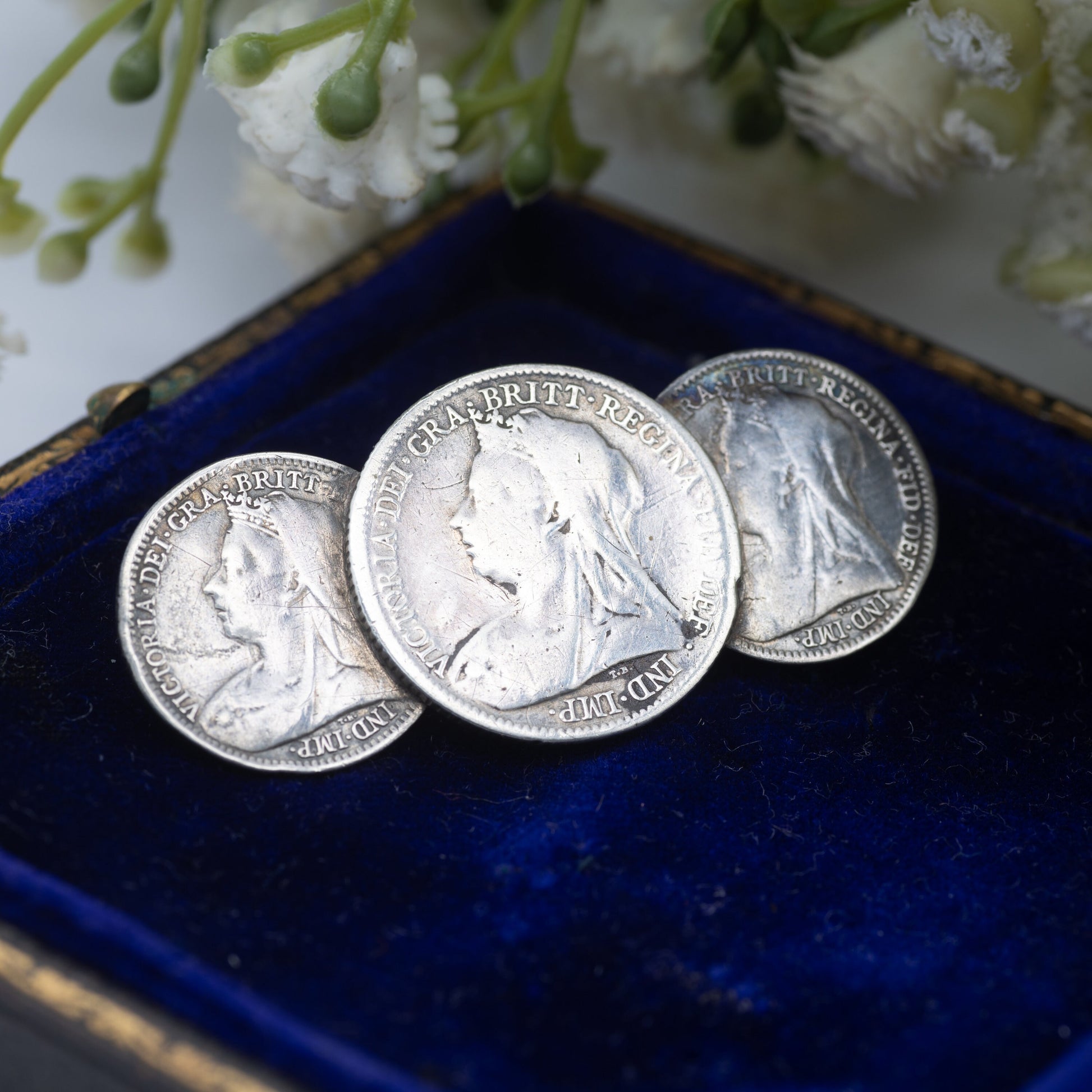 Antique Sterling Silver Victoria Coin Brooch with Three Coins - 1899 Six Pence | 1900 Threepence | Old Head