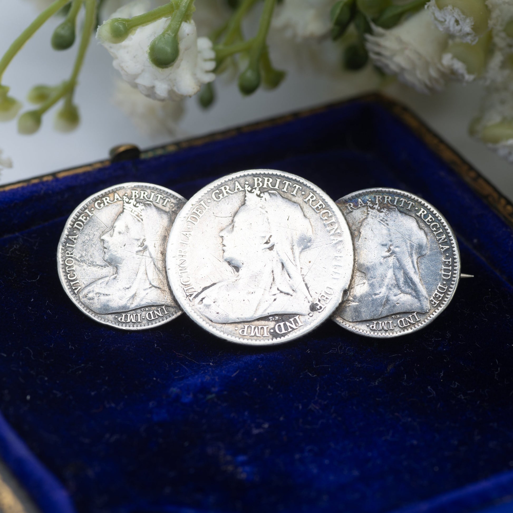 Antique Sterling Silver Victoria Coin Brooch with Three Coins - 1899 Six Pence | 1900 Threepence | Old Head