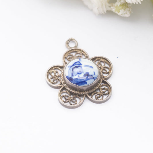 Vintage Dutch Silver Blue Delft Windmill Pendant - Filigree Flower | 835 Silver | Netherlands Souvenir