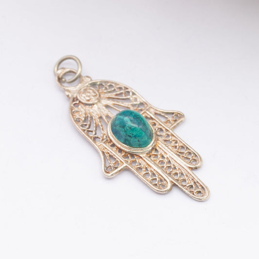 Vintage Sterling Silver Hamsa Pendant Hand of Fatima Hand of Miriam with Blue Stone - Made in Israel | Silver Filigree Hand