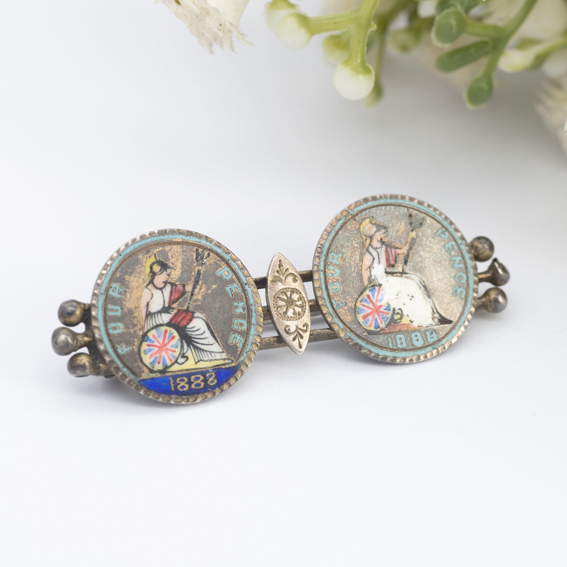 Antique 1888 Silver Victorian Fourpence Coin Brooch - Enamel Coin Jewellery | Hand Painted Britannia | Colonial Issue Groat