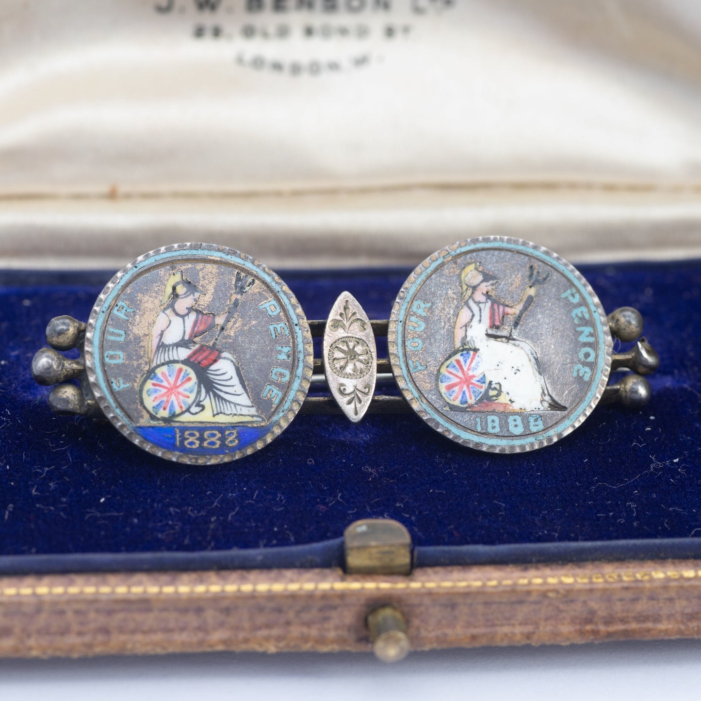 Antique 1888 Silver Victorian Fourpence Coin Brooch - Enamel Coin Jewellery | Hand Painted Britannia | Colonial Issue Groat