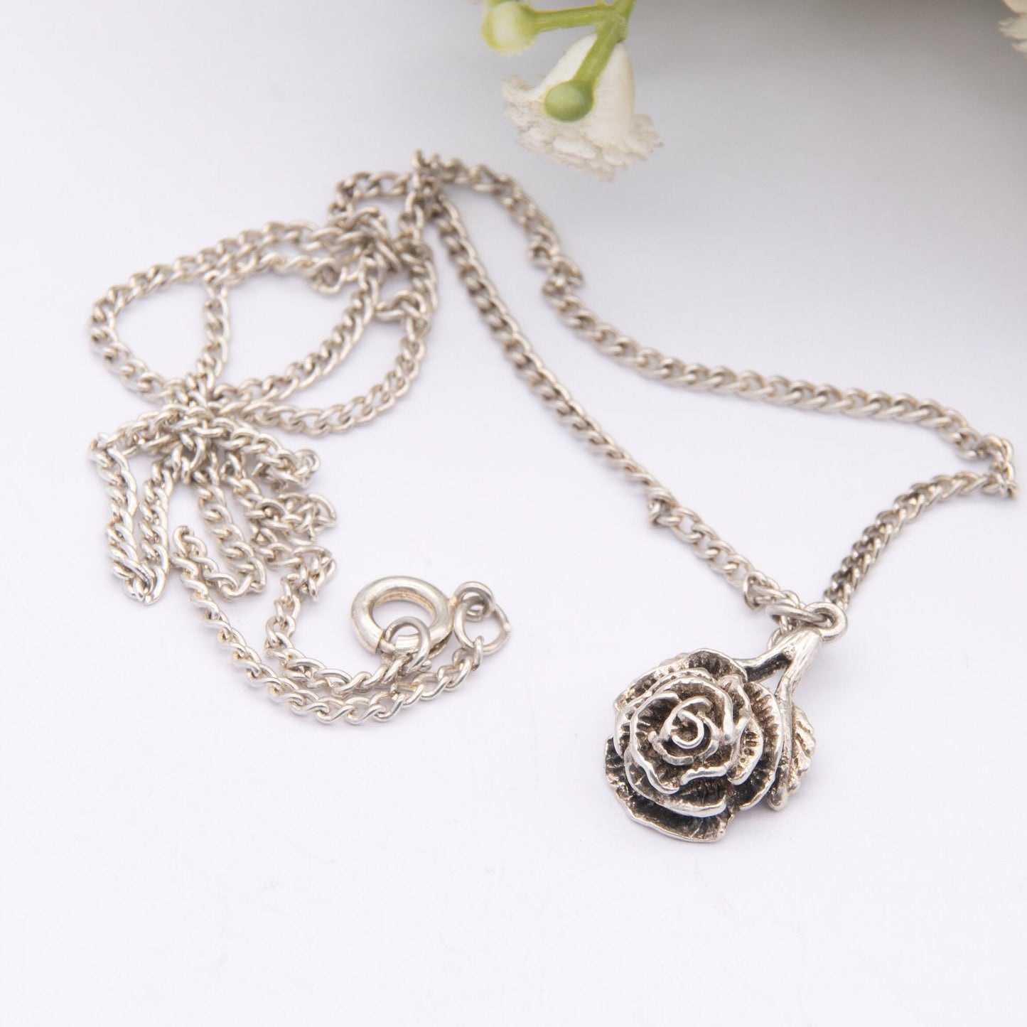 Vintage Silver Rose Flower Pendant Necklace by P & R Bushell 1977 - Gift for Her | Realistic Floral Drop