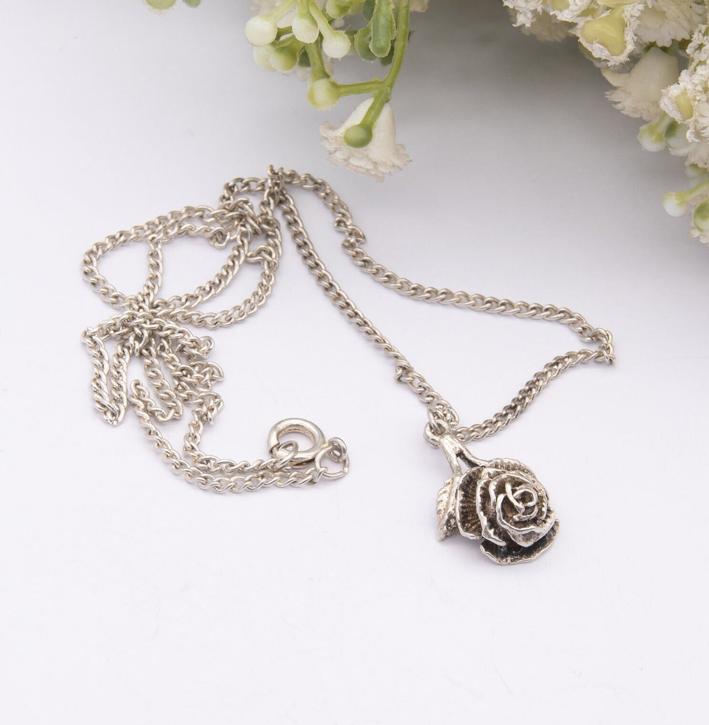 Vintage Silver Rose Flower Pendant Necklace by P & R Bushell 1977 - Gift for Her | Realistic Floral Drop