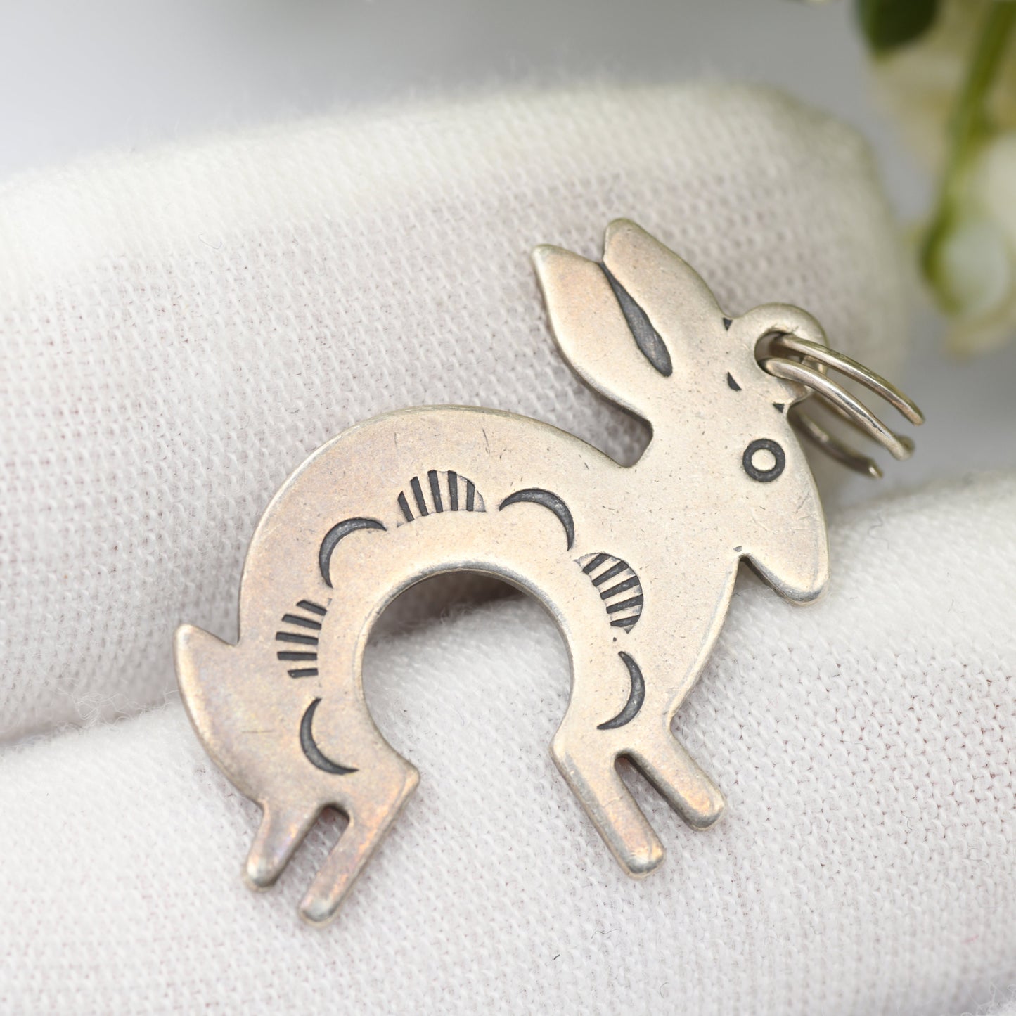 Vintage Silver Navajo Rabbit Charm Pendant - Leaping Rabbit Symbol of Fertility Abundance