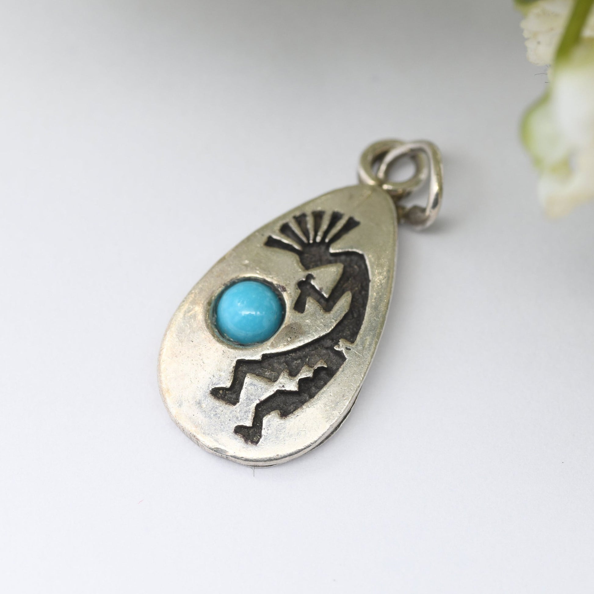 Vintage Navajo Sterling Silver Turquoise Kokopelli Charm Pendant - Signed Running Bear RB | Fertility Symbol Flute Player