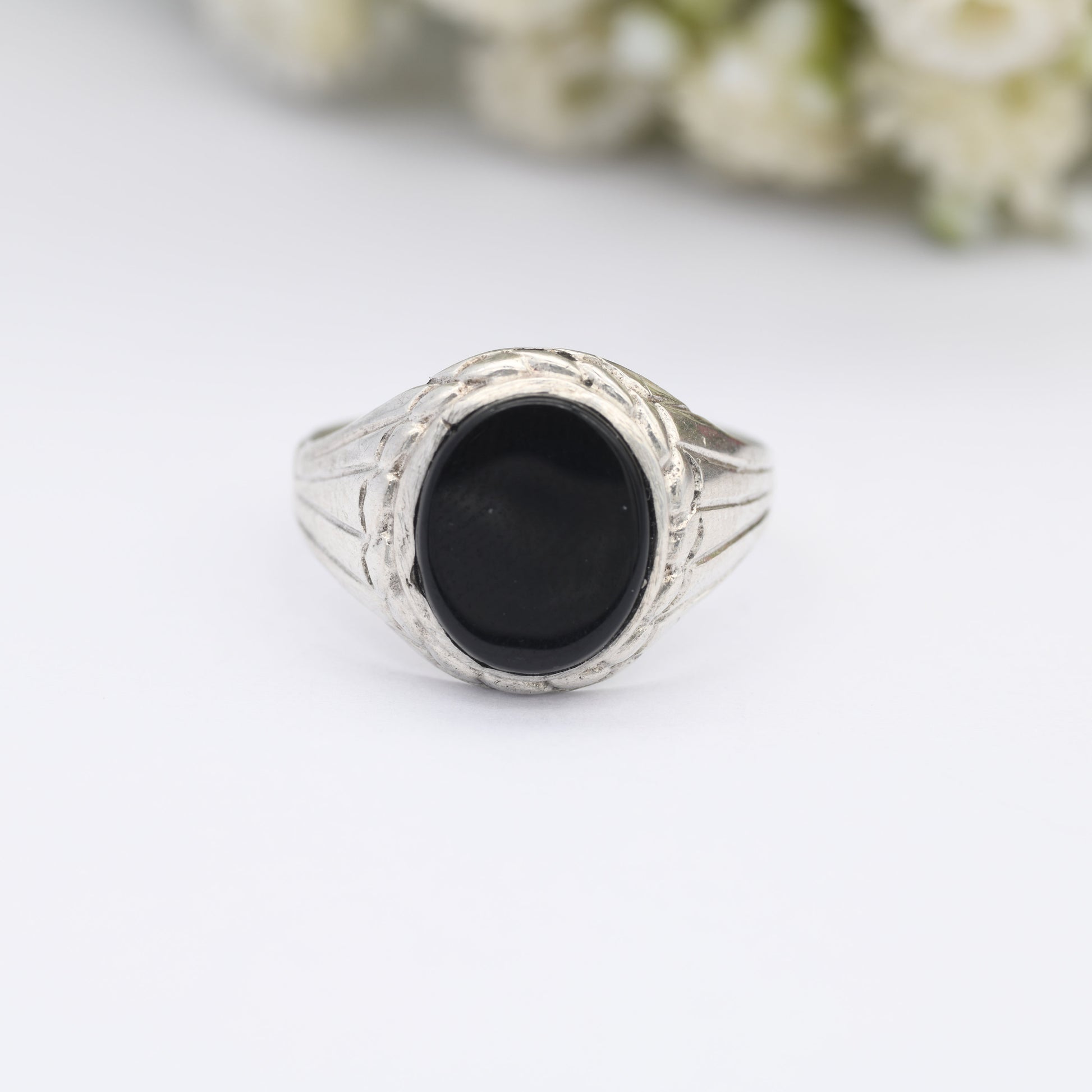 Vintage Sterling Silver Onyx Signet Ring - Chunky Large Unisex Jewellery | UK Size - R | US Size - 8 1/2