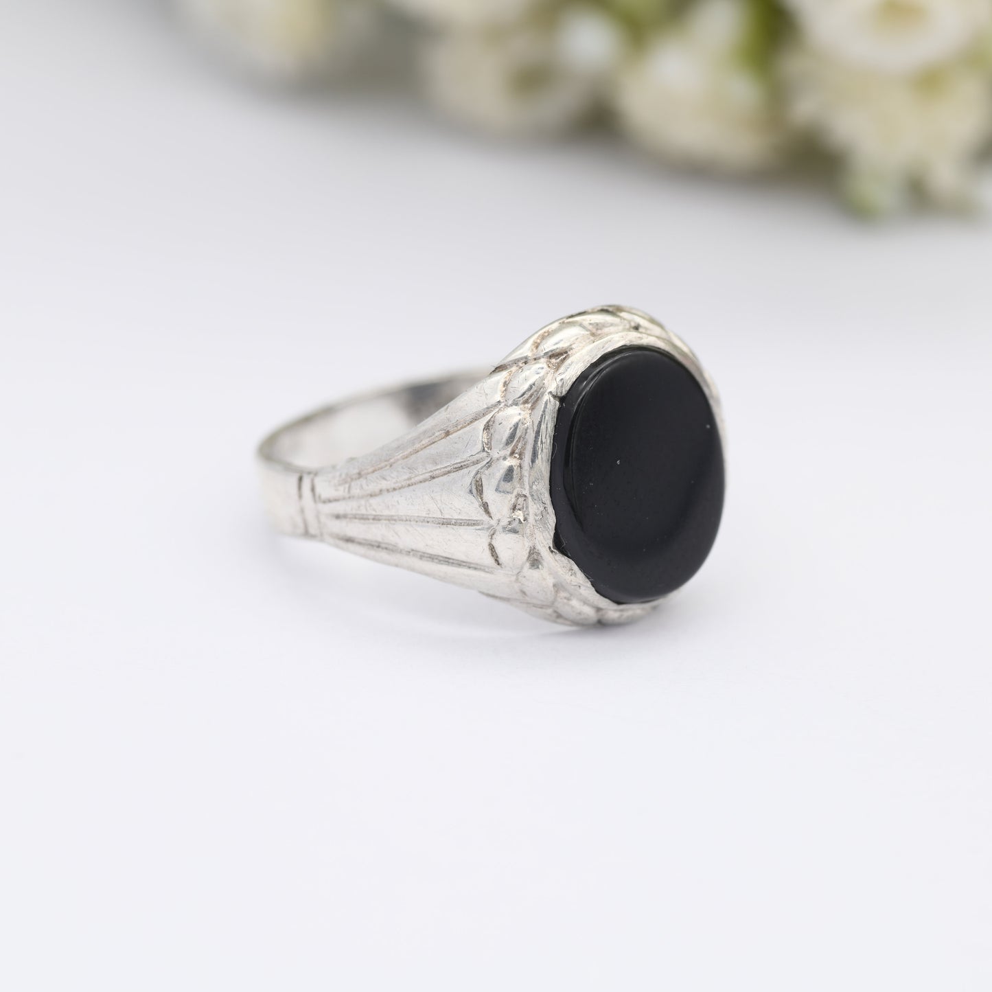 Vintage Sterling Silver Onyx Signet Ring - Chunky Large Unisex Jewellery | UK Size - R | US Size - 8 1/2