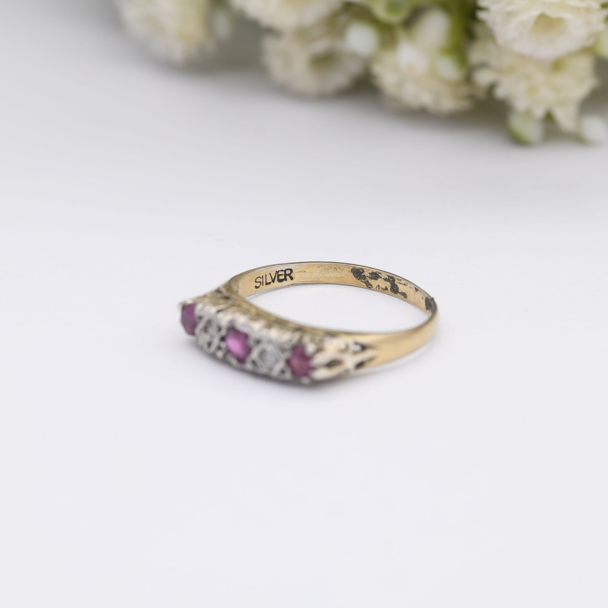 Vintage Silver Ruby and Diamond Ring - Gold Plated | Alternative Engagement | UK Size - K | US Size - 5 1/2