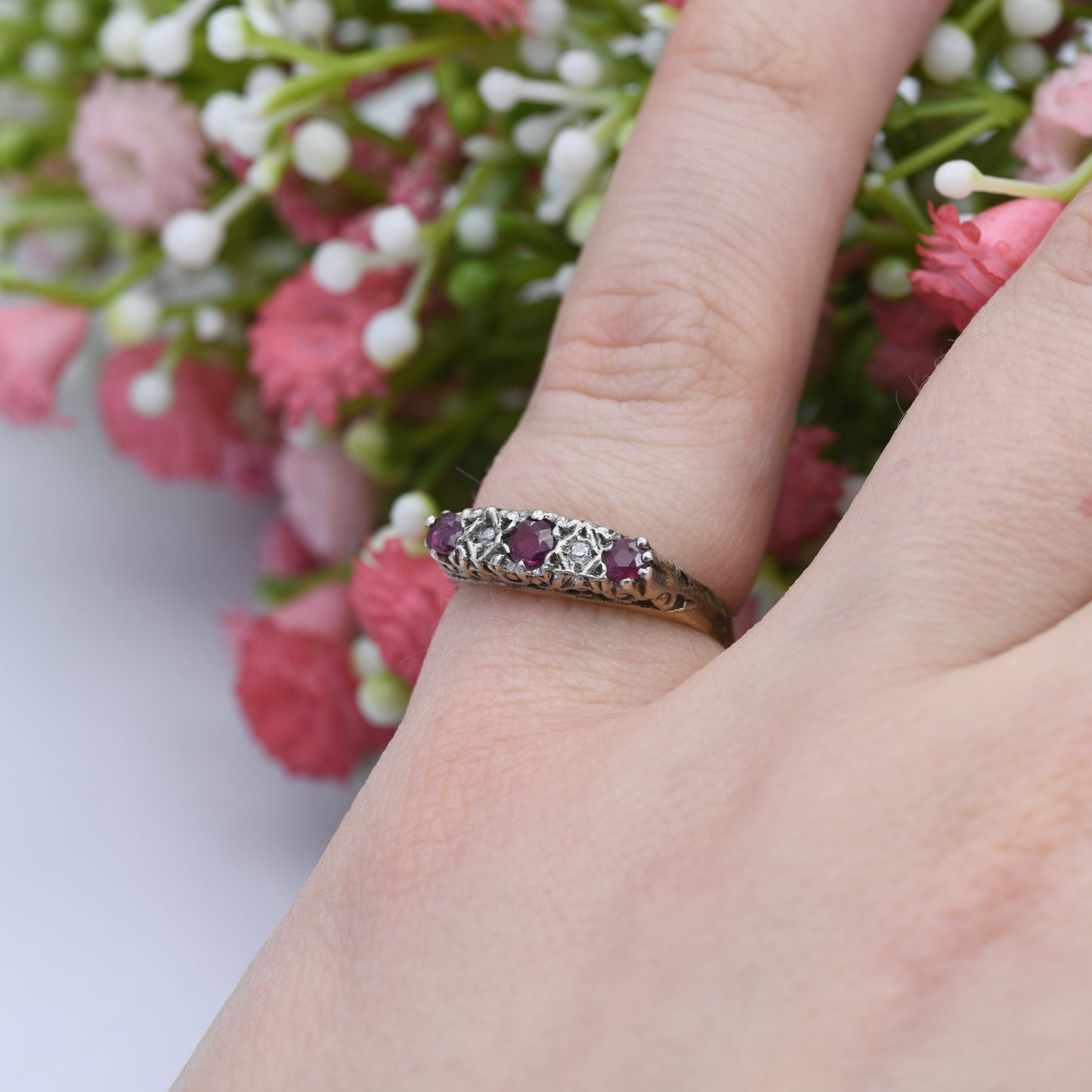 Vintage Silver Ruby and Diamond Ring - Gold Plated | Alternative Engagement | UK Size - K | US Size - 5 1/2