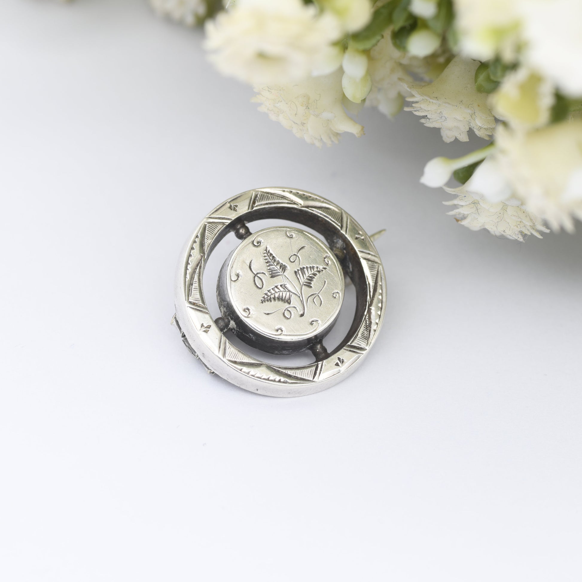 Antique Victorian Sterling Silver Brooch Aesthetic Movement - Small Leaf Flower Brooch | Hand Engraved