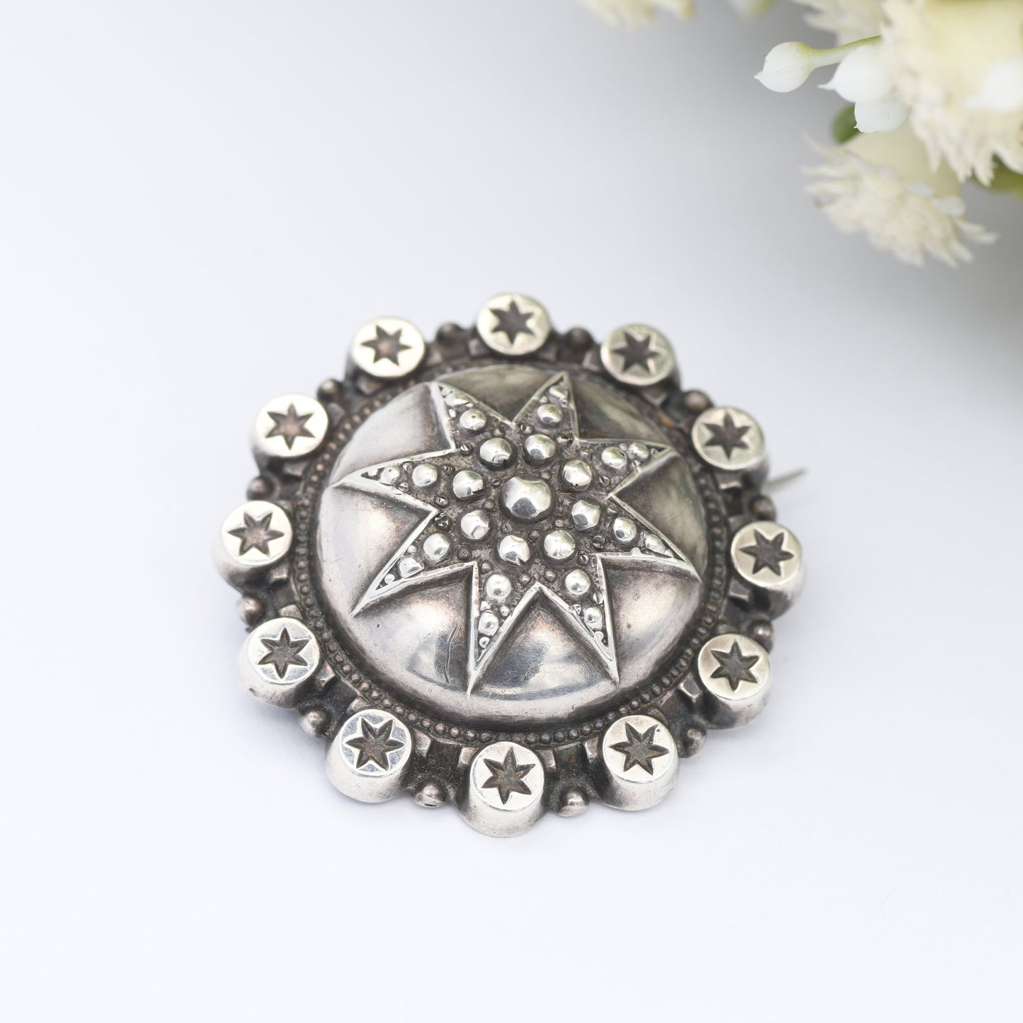 Antique Victorian Sterling Silver Star Brooch - c.19th Century | Textured Boule Brooch