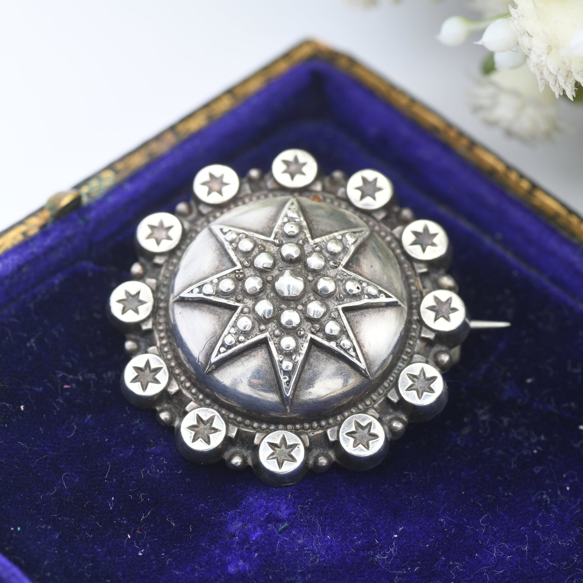 Antique Victorian Sterling Silver Star Brooch - c.19th Century | Textured Boule Brooch