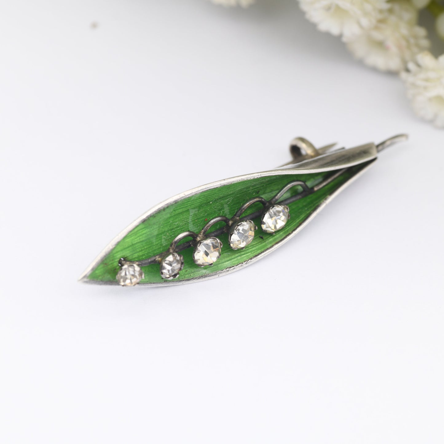 Antique Silver Lily of the Valley Brooch 1919 by Arthur Johnson Smith AJS - Green Enamel and Sparkly Clear Paste