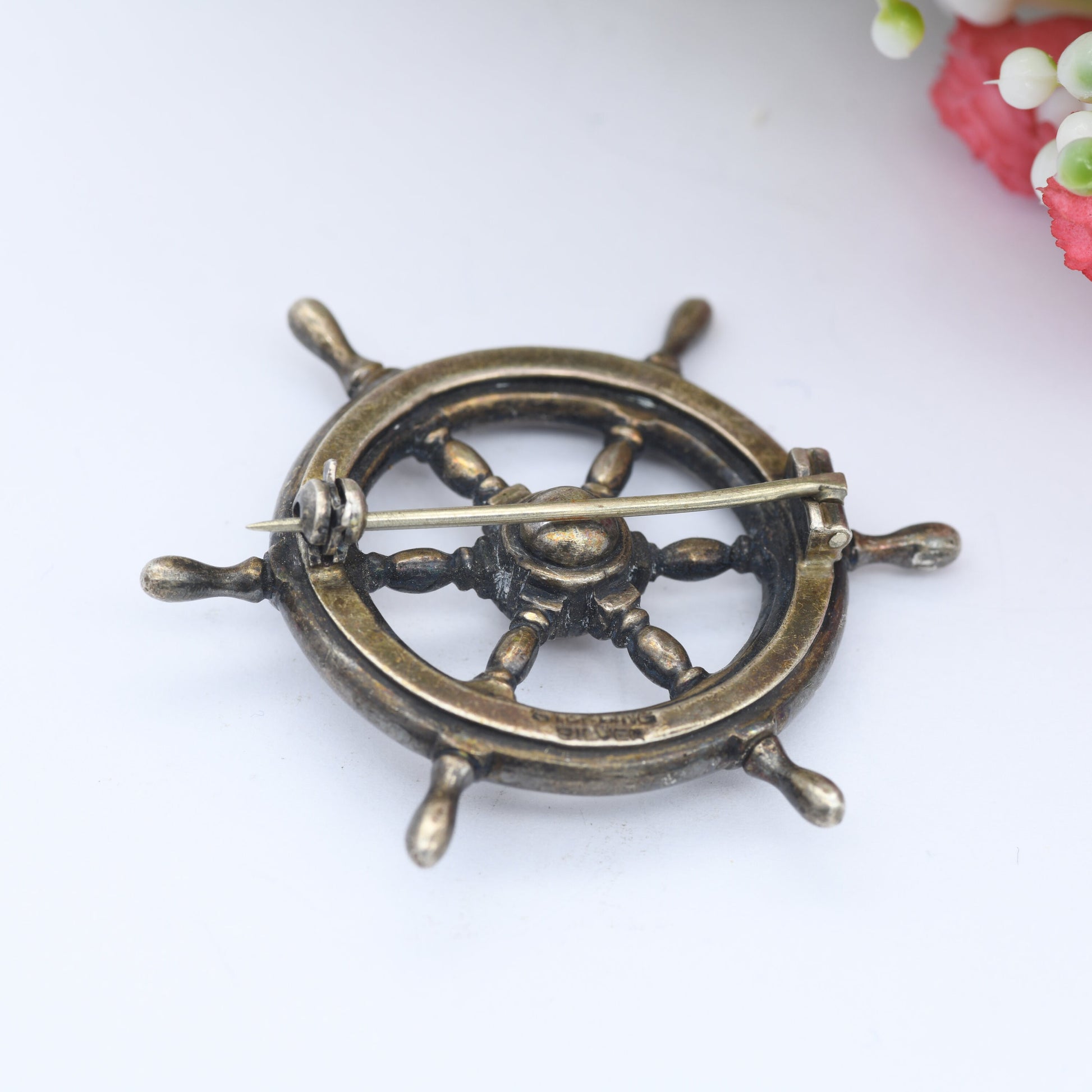 Vintage Sterling Silver Ship's Wheel Brooch - Helm Steering Wheel | Symbolic Jewellery