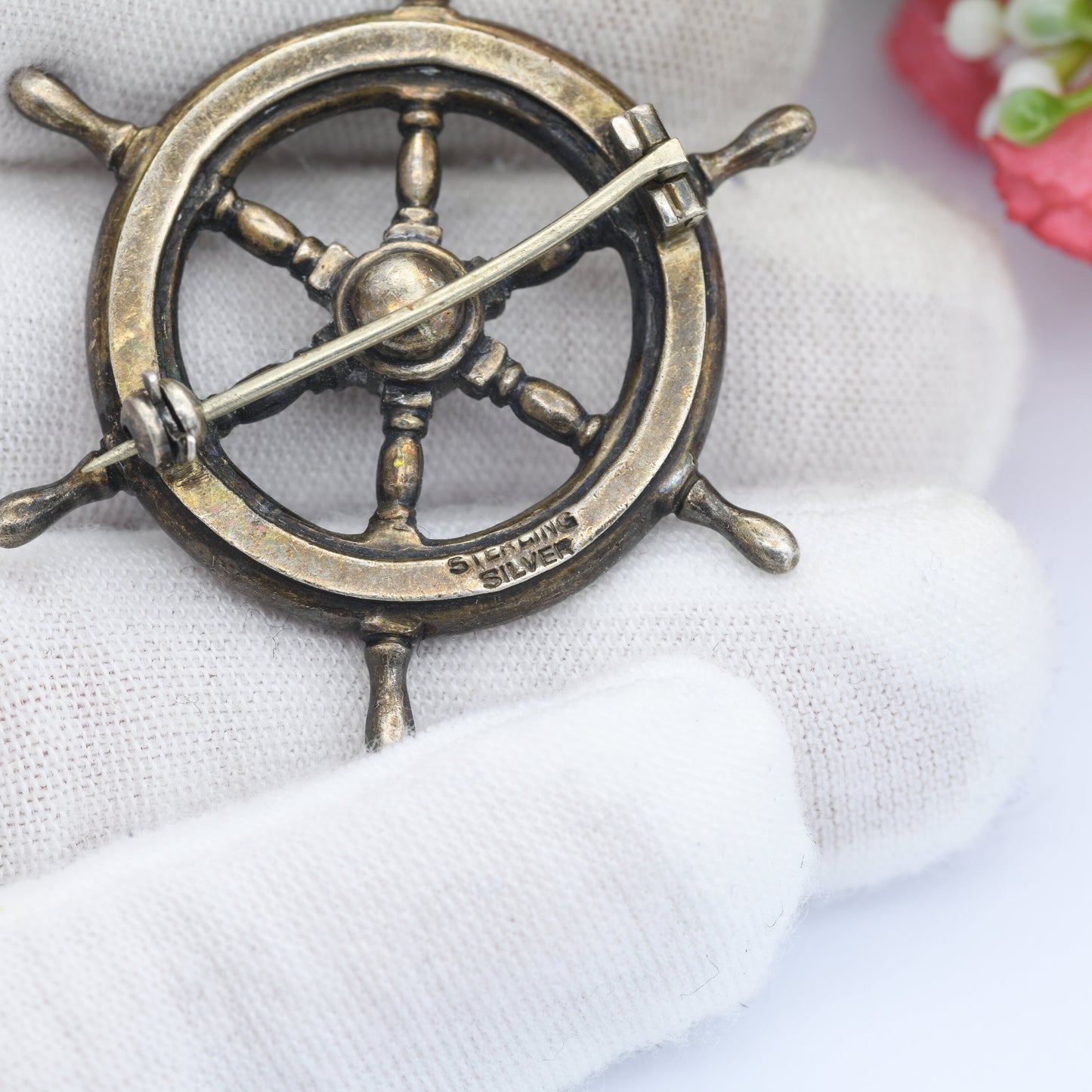 Vintage Sterling Silver Ship's Wheel Brooch - Helm Steering Wheel | Symbolic Jewellery