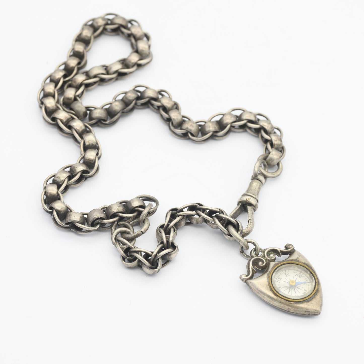 Antique Watch Chain Choker Necklace with Shield Compass Fob Pendant - Victorian 1901 | Dog Clip | Sterling Silver Pocket Watch Chain