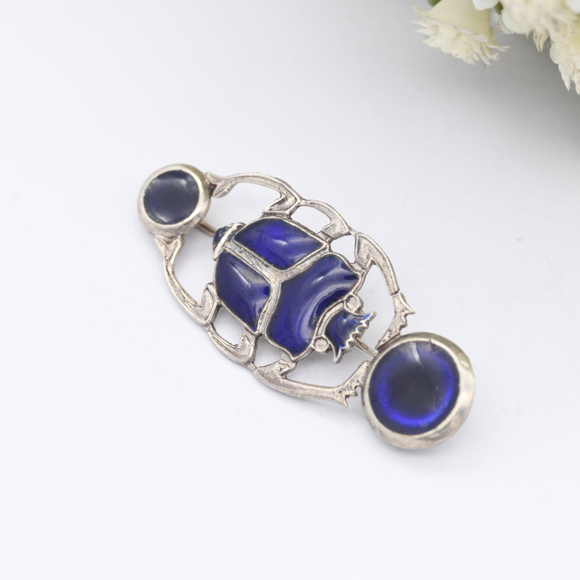 Vintage Egyptian Silver Enamel Scarab Pendant Brooch - Blue Scarab Beetle | Egyptian Revival Style