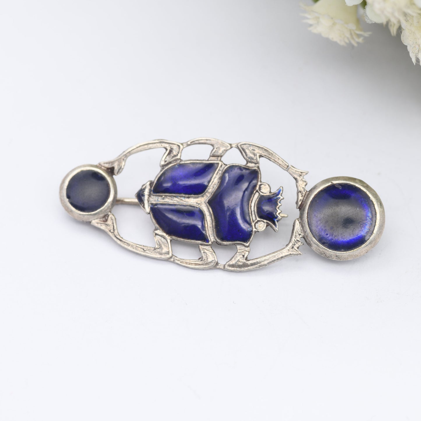 Vintage Egyptian Silver Enamel Scarab Pendant Brooch - Blue Scarab Beetle | Egyptian Revival Style