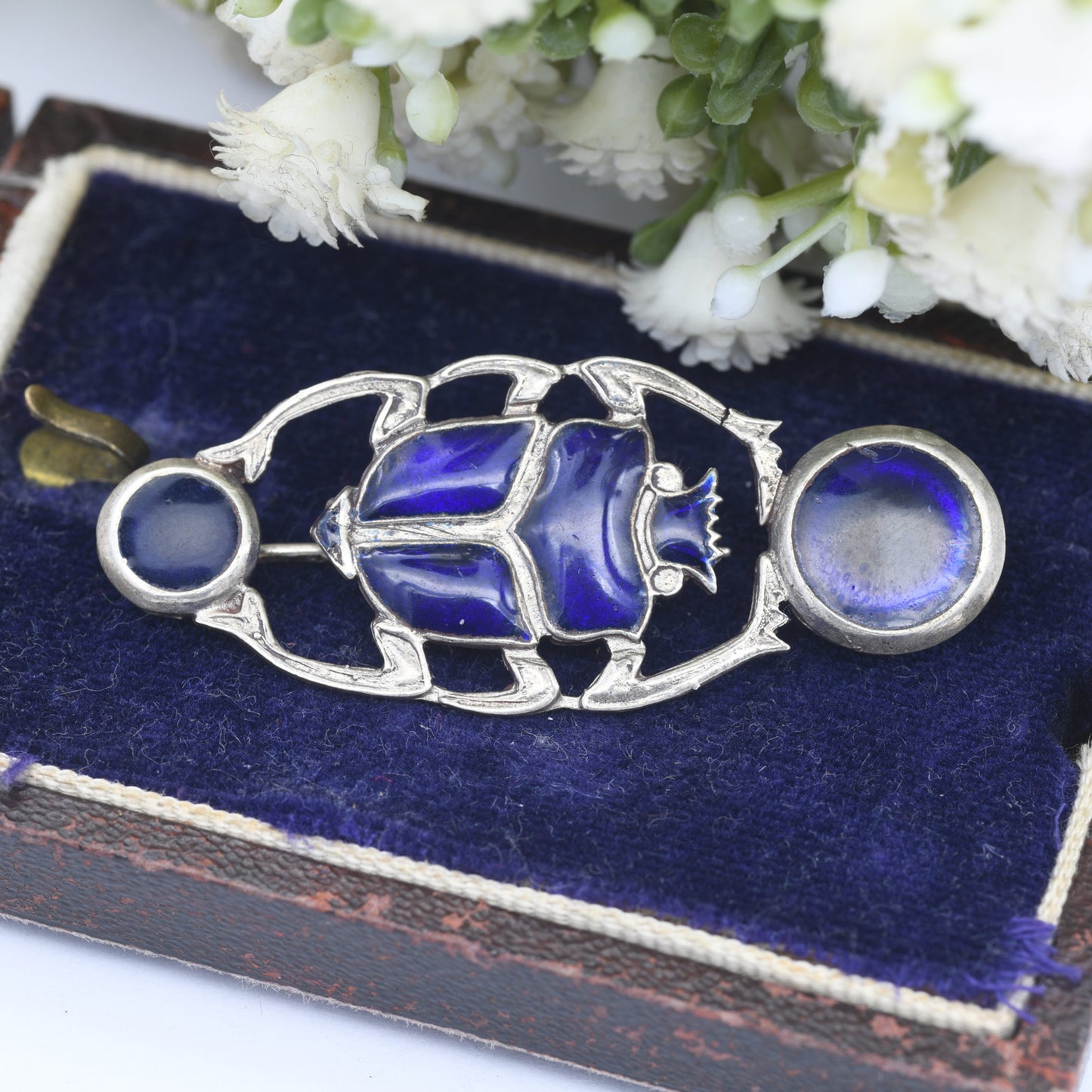 Vintage Egyptian Silver Enamel Scarab Pendant Brooch - Blue Scarab Beetle | Egyptian Revival Style