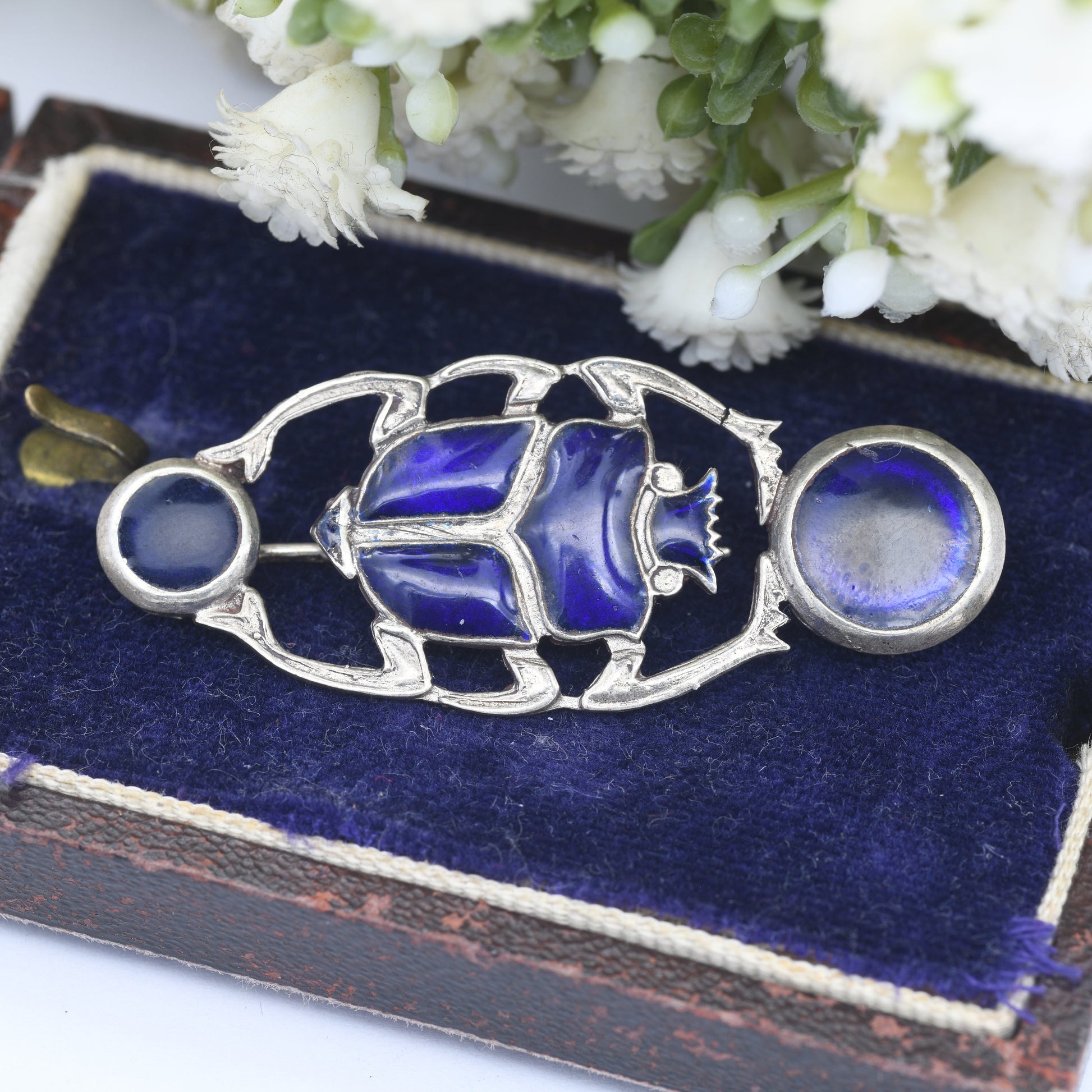 Vintage Egyptian Silver Enamel Scarab Pendant Brooch - Blue Scarab Beetle | Egyptian Revival Style