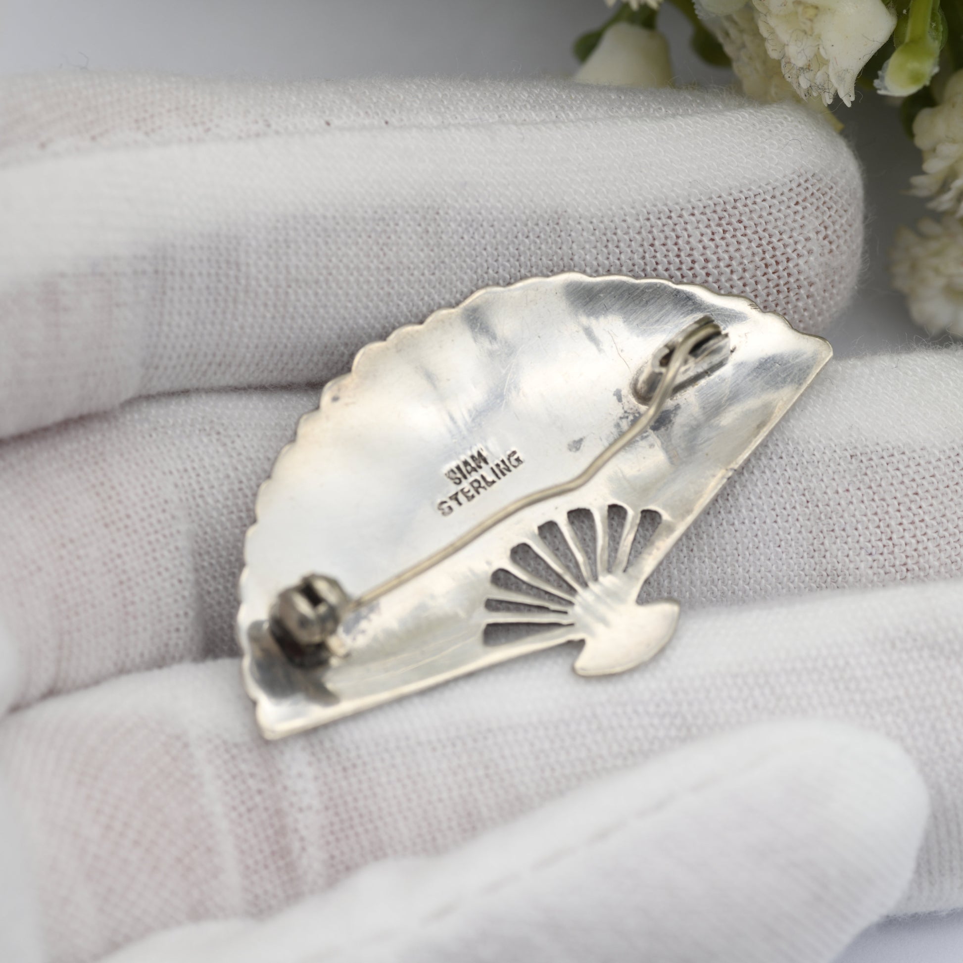 Vintage Sterling Silver Siam Fan Brooch - Mekala Goddess of Lightning | Black Niello | Goddess Vintage Thailand Silver