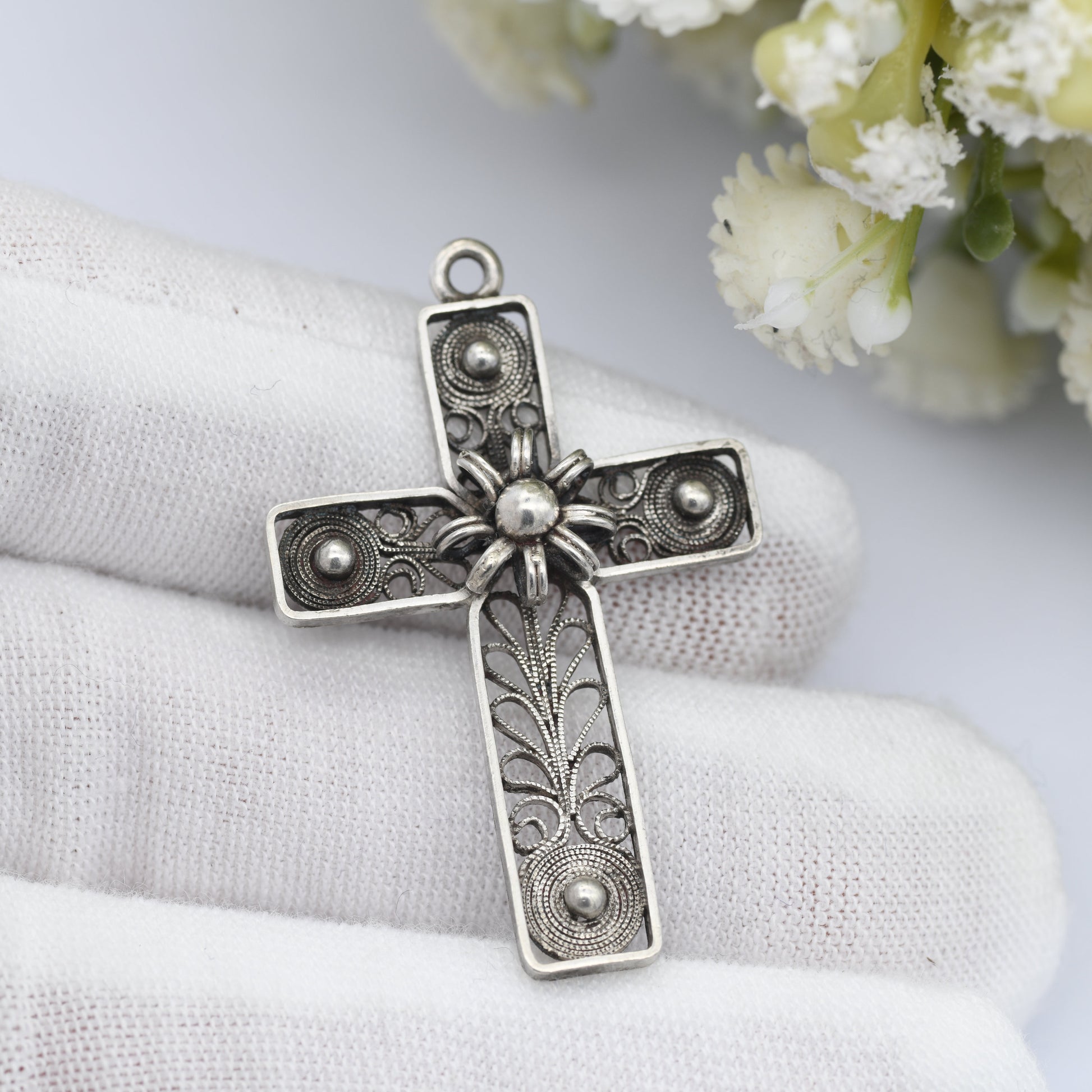 Vintage Silver Filigree Cross Pendant with Ornate Scrolling Design - Openwork
