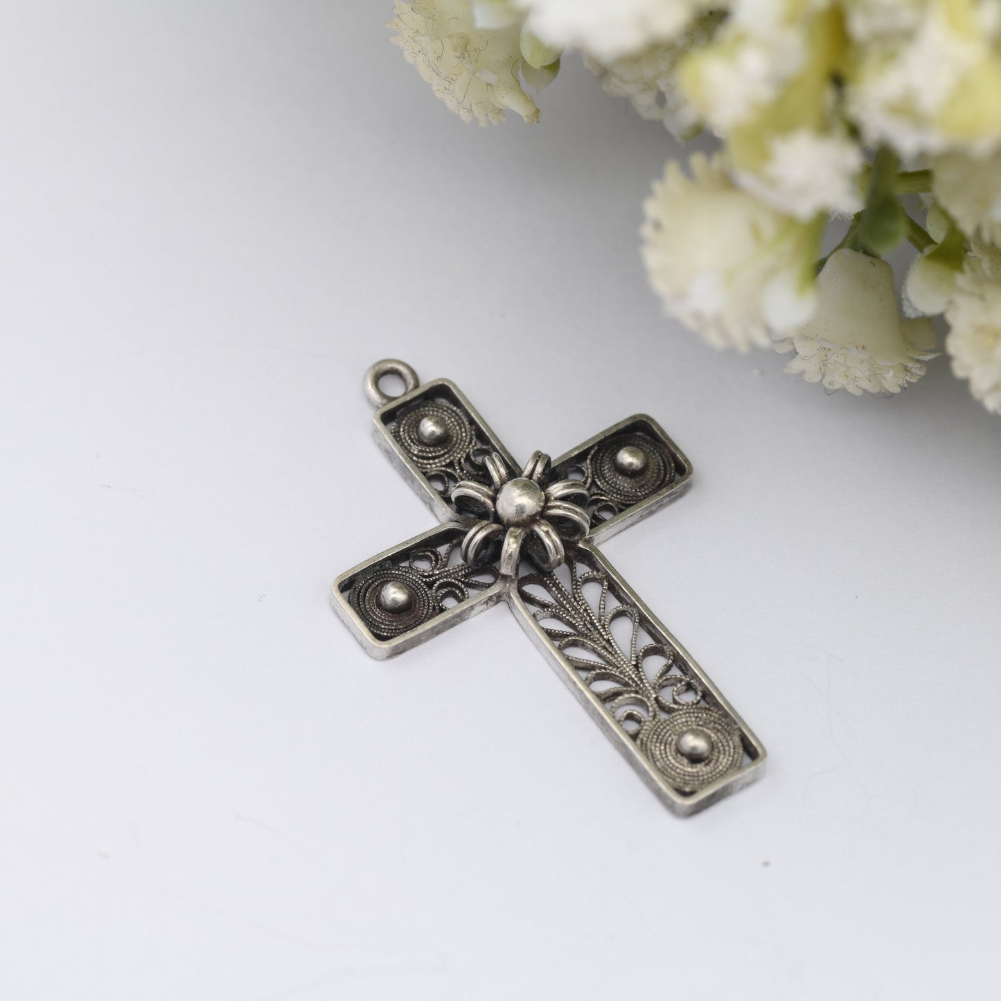 Vintage Silver Filigree Cross Pendant with Ornate Scrolling Design - Openwork