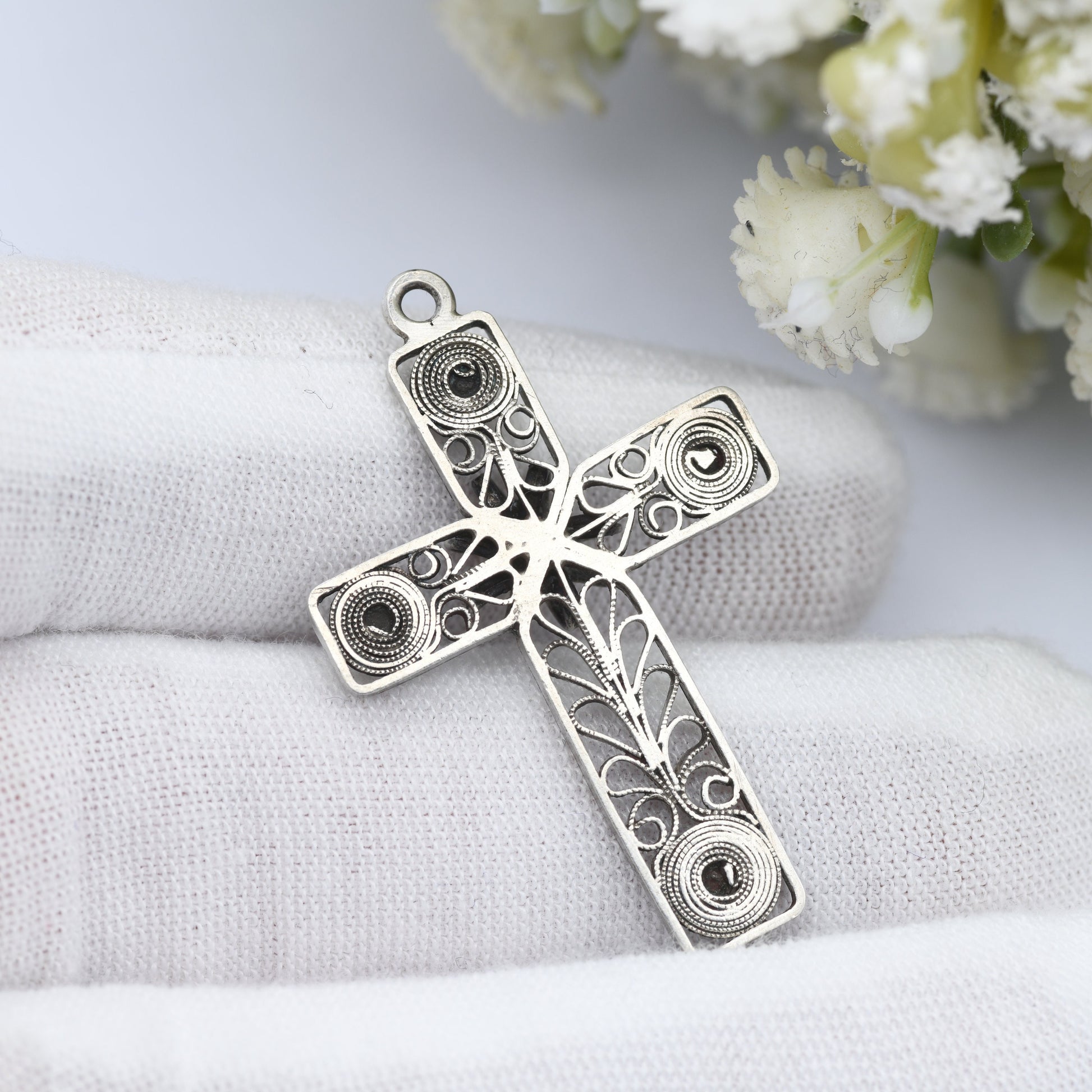 Vintage Silver Filigree Cross Pendant with Ornate Scrolling Design - Openwork