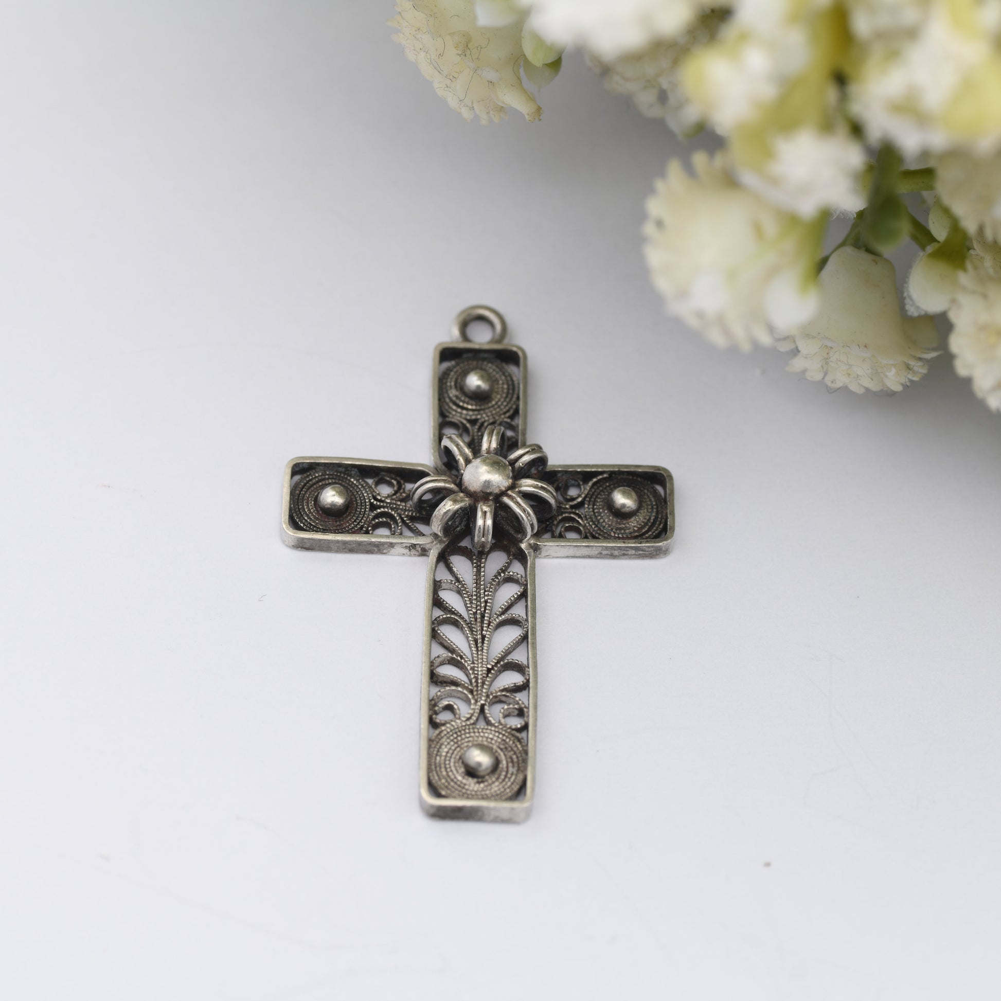Vintage Silver Filigree Cross Pendant with Ornate Scrolling Design - Openwork