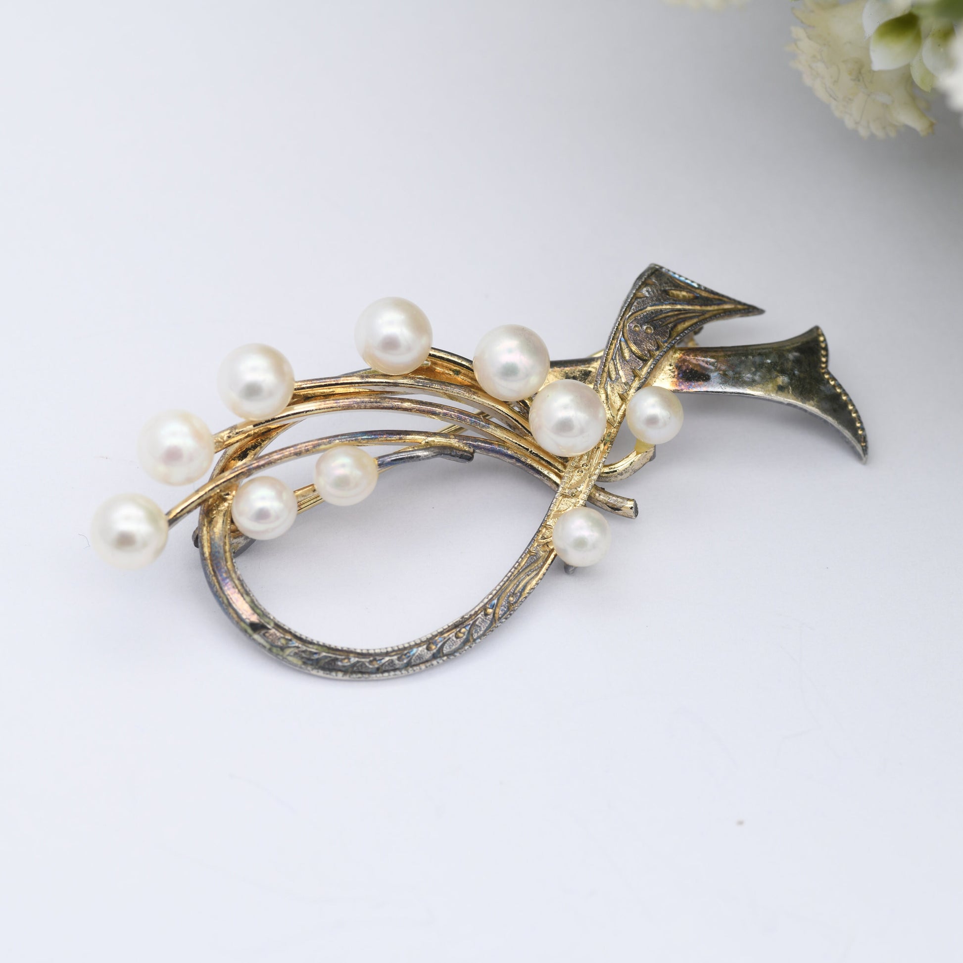 Vintage Sterling Silver Avon Brooch with Faux Pearl - Gold Plated | Mid-Century | Engraved