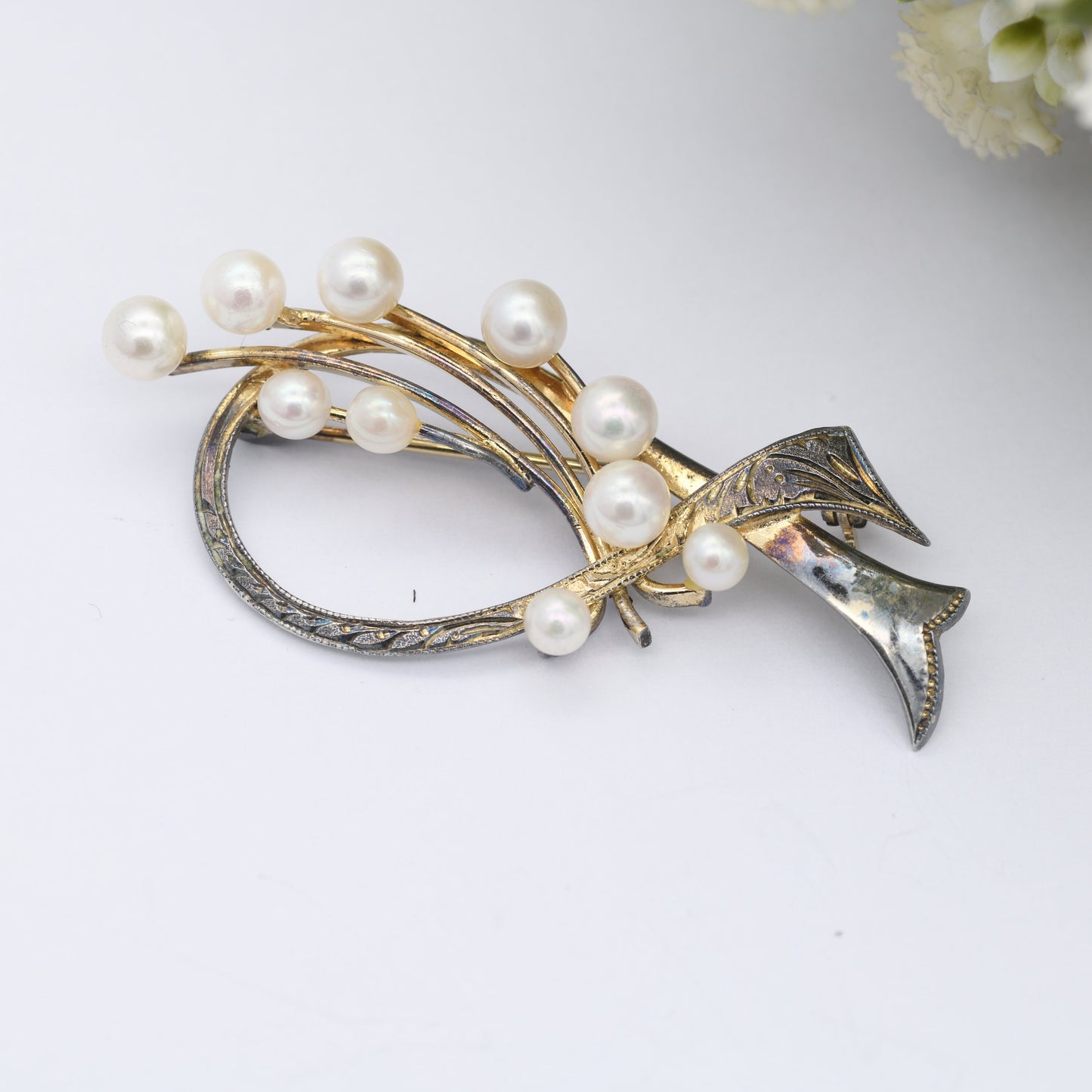 Vintage Sterling Silver Avon Brooch with Faux Pearl - Gold Plated | Mid-Century | Engraved