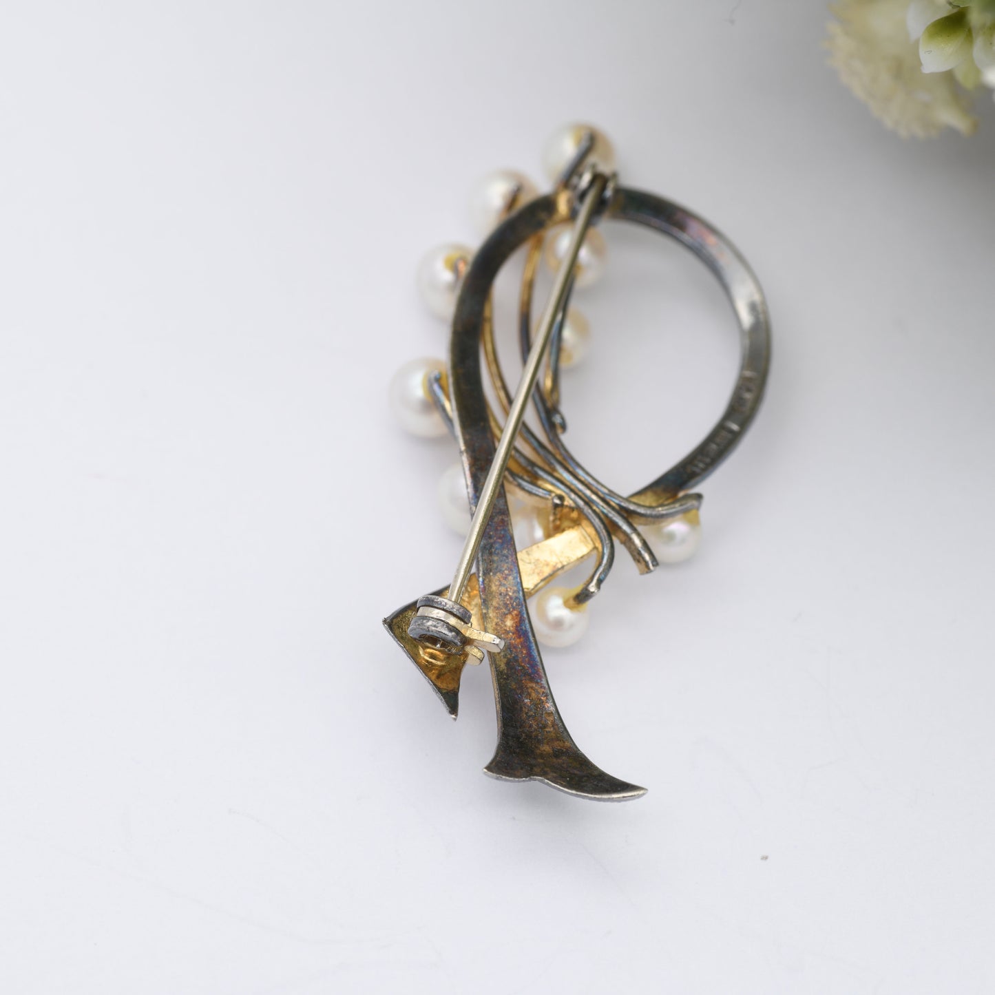 Vintage Sterling Silver Avon Brooch with Faux Pearl - Gold Plated | Mid-Century | Engraved