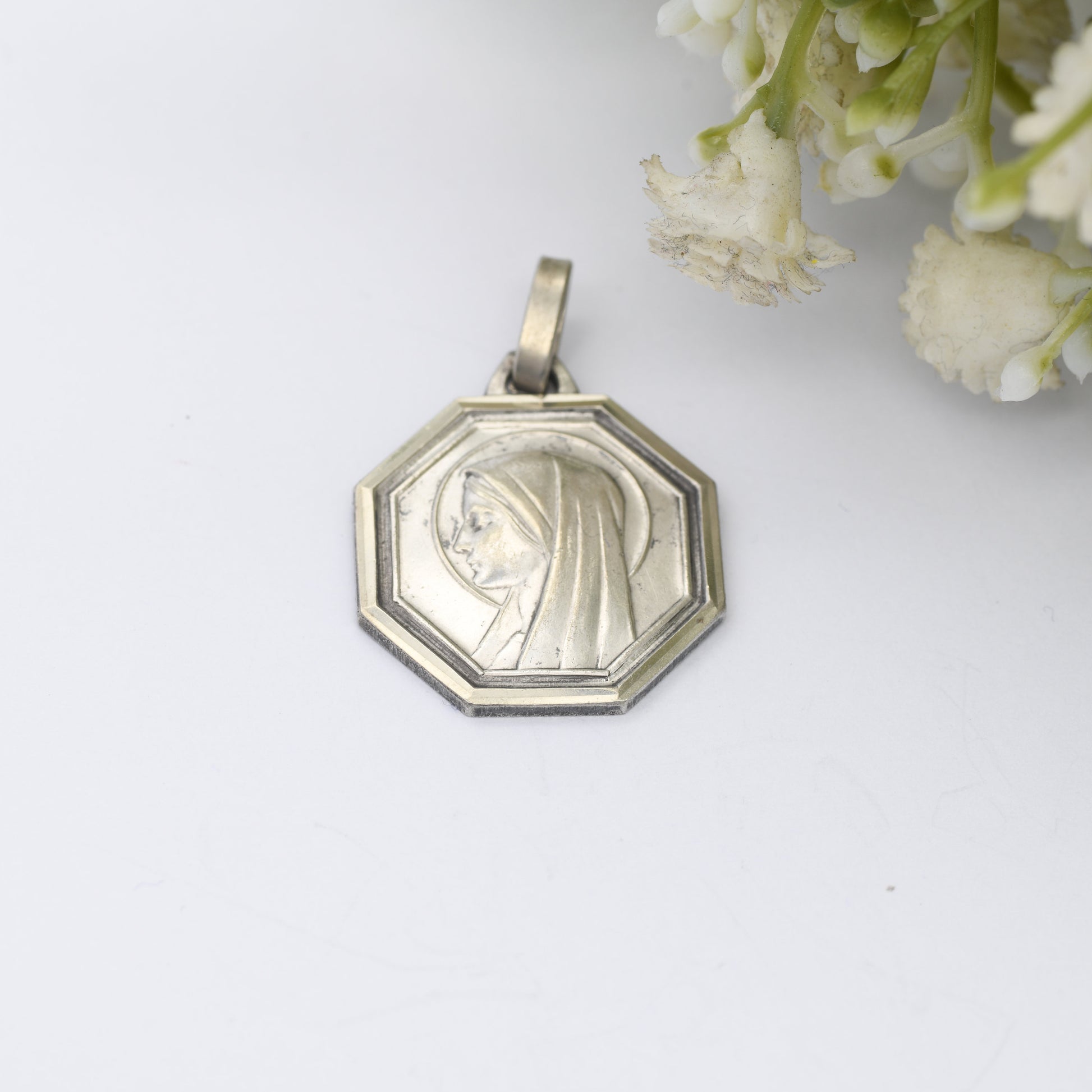 Vintage French Lourdes Virgin Mary Pendant - Religious Christian Token | Silver Tone
