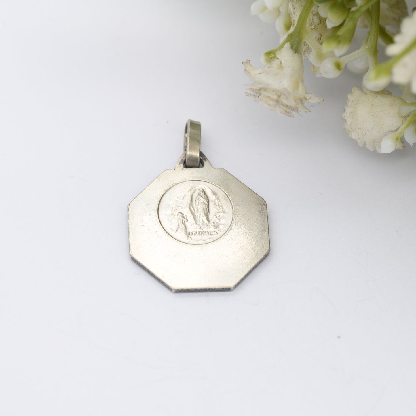 Vintage French Lourdes Virgin Mary Pendant - Religious Christian Token | Silver Tone
