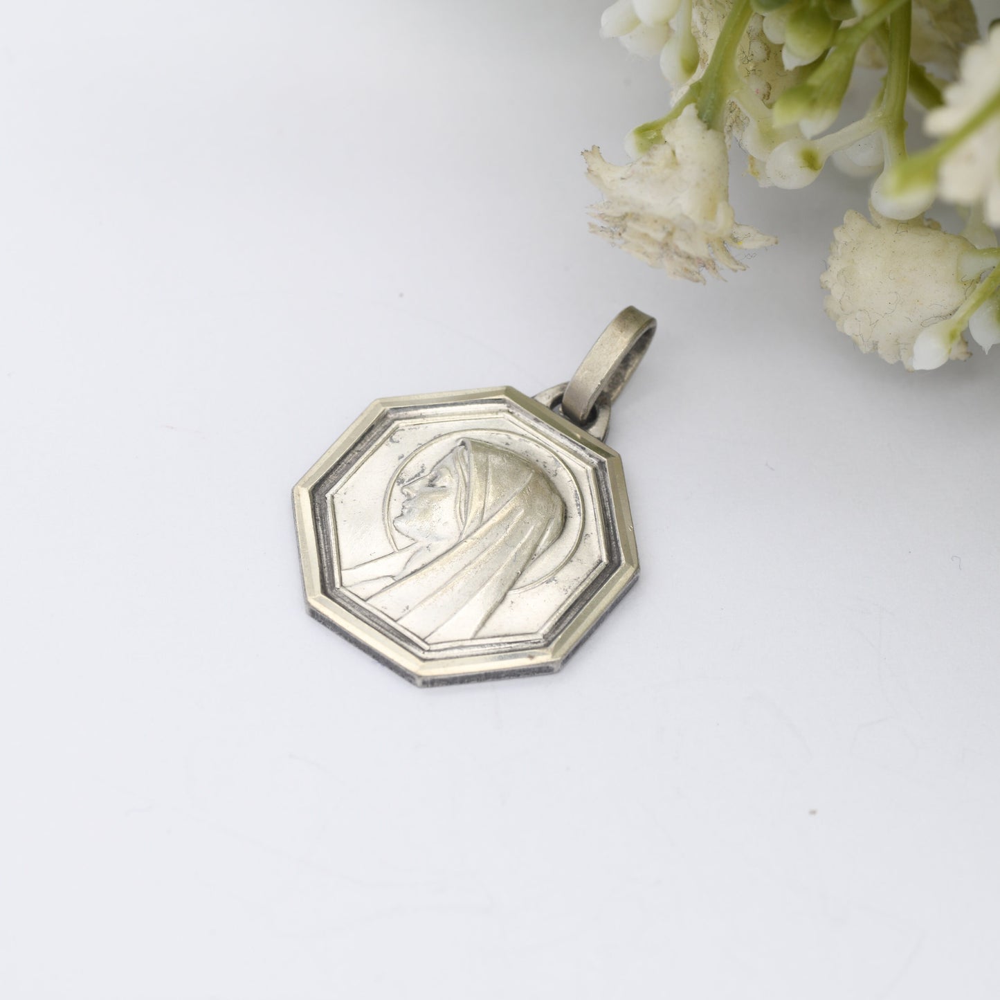Vintage French Lourdes Virgin Mary Pendant - Religious Christian Token | Silver Tone