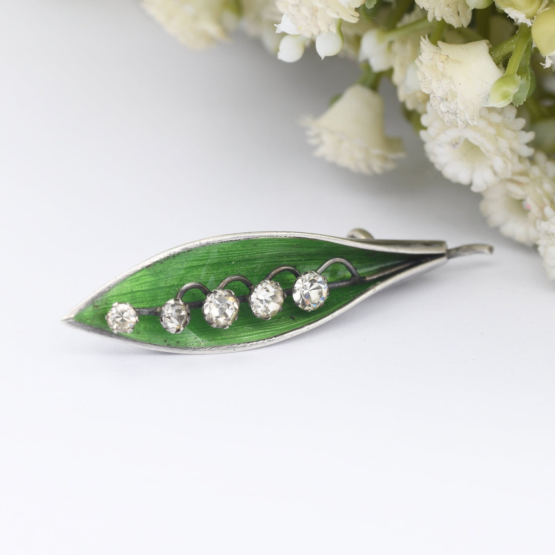 Antique Silver Lily of the Valley Brooch 1919 by Arthur Johnson Smith AJS - Green Enamel and Sparkly Clear Paste