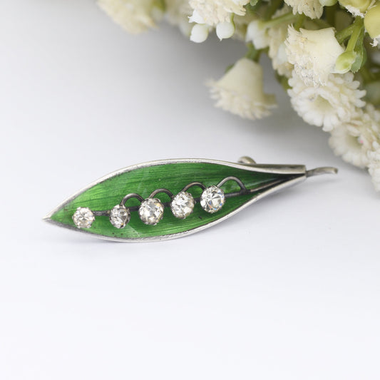 Antique Silver Lily of the Valley Brooch 1919 by Arthur Johnson Smith AJS - Green Enamel and Sparkly Clear Paste