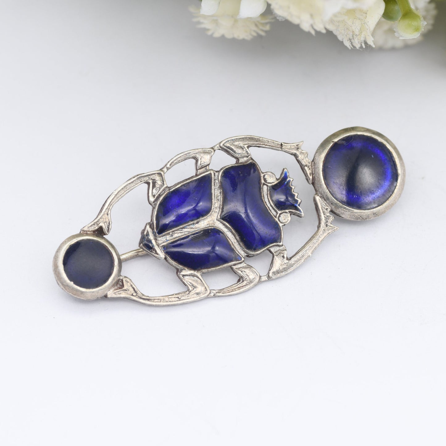 Vintage Egyptian Silver Enamel Scarab Pendant Brooch - Blue Scarab Beetle | Egyptian Revival Style