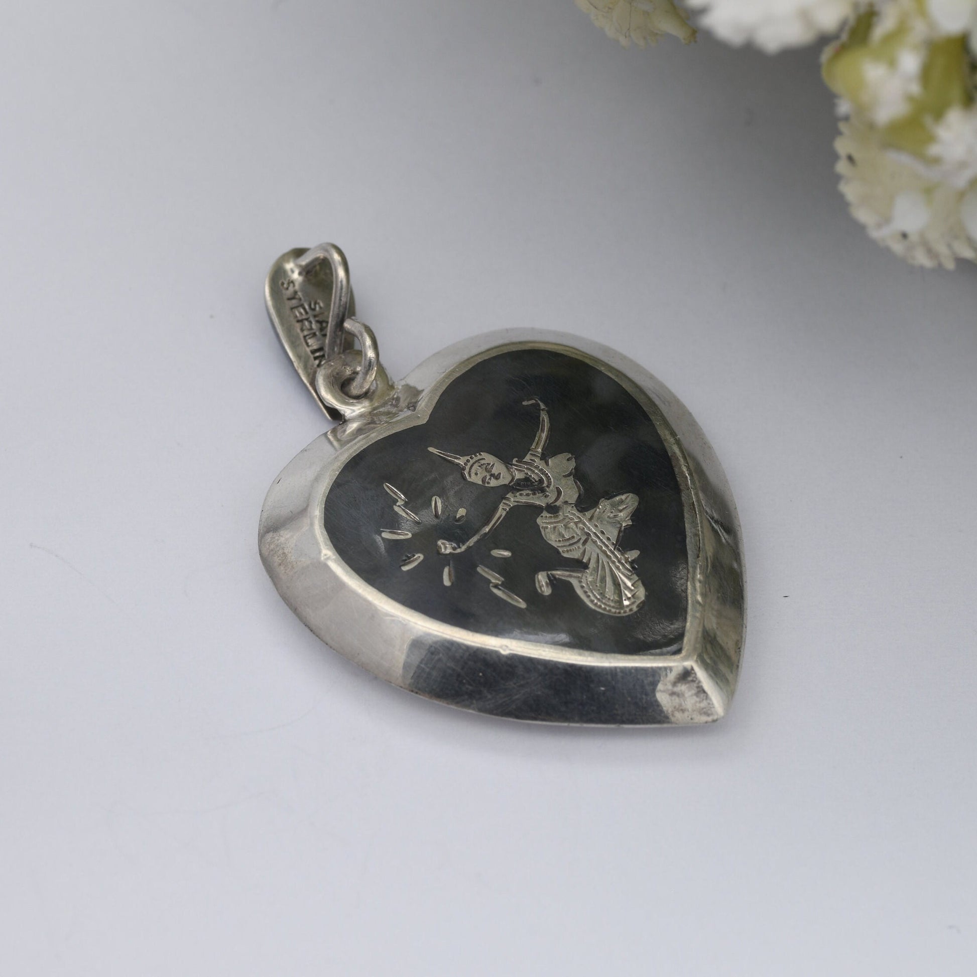 Vintage Sterling Silver Siam Heart Pendant - Mekala Goddess of Lightning | Black Niello | Goddess Vintage Thailand Silver