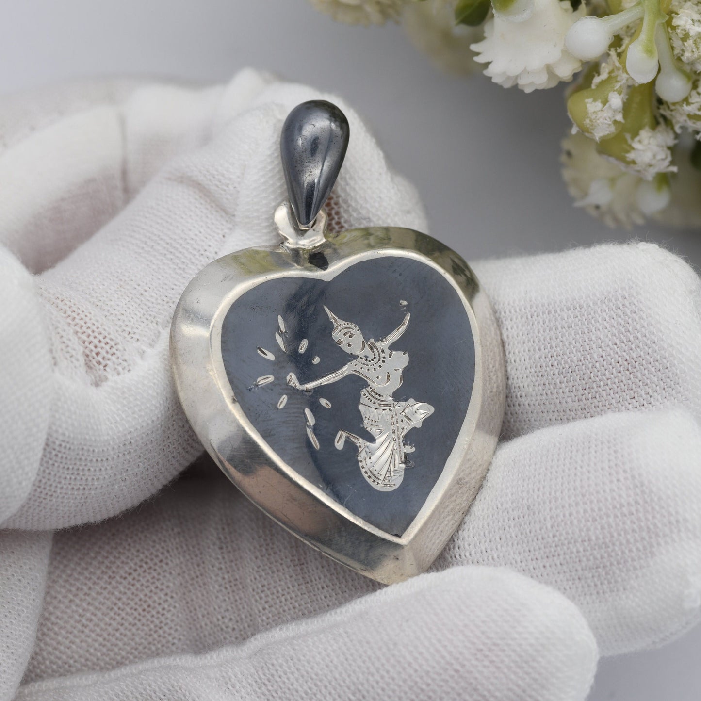 Vintage Sterling Silver Siam Heart Pendant - Mekala Goddess of Lightning | Black Niello | Goddess Vintage Thailand Silver