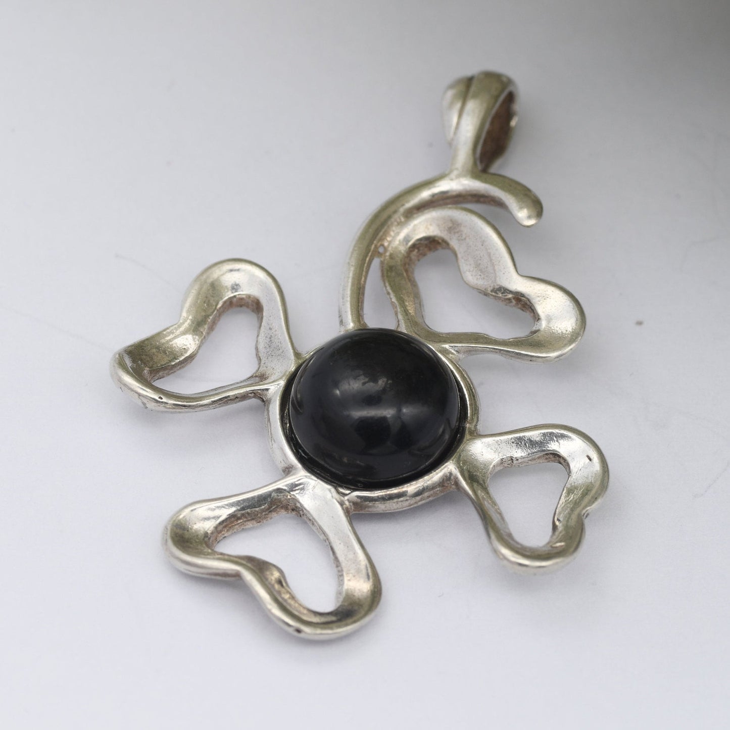 Vintage Sterling Silver Celtic Flower Openwork Pendant with Cabochon Onyx - Abstract Four Leaf Clover