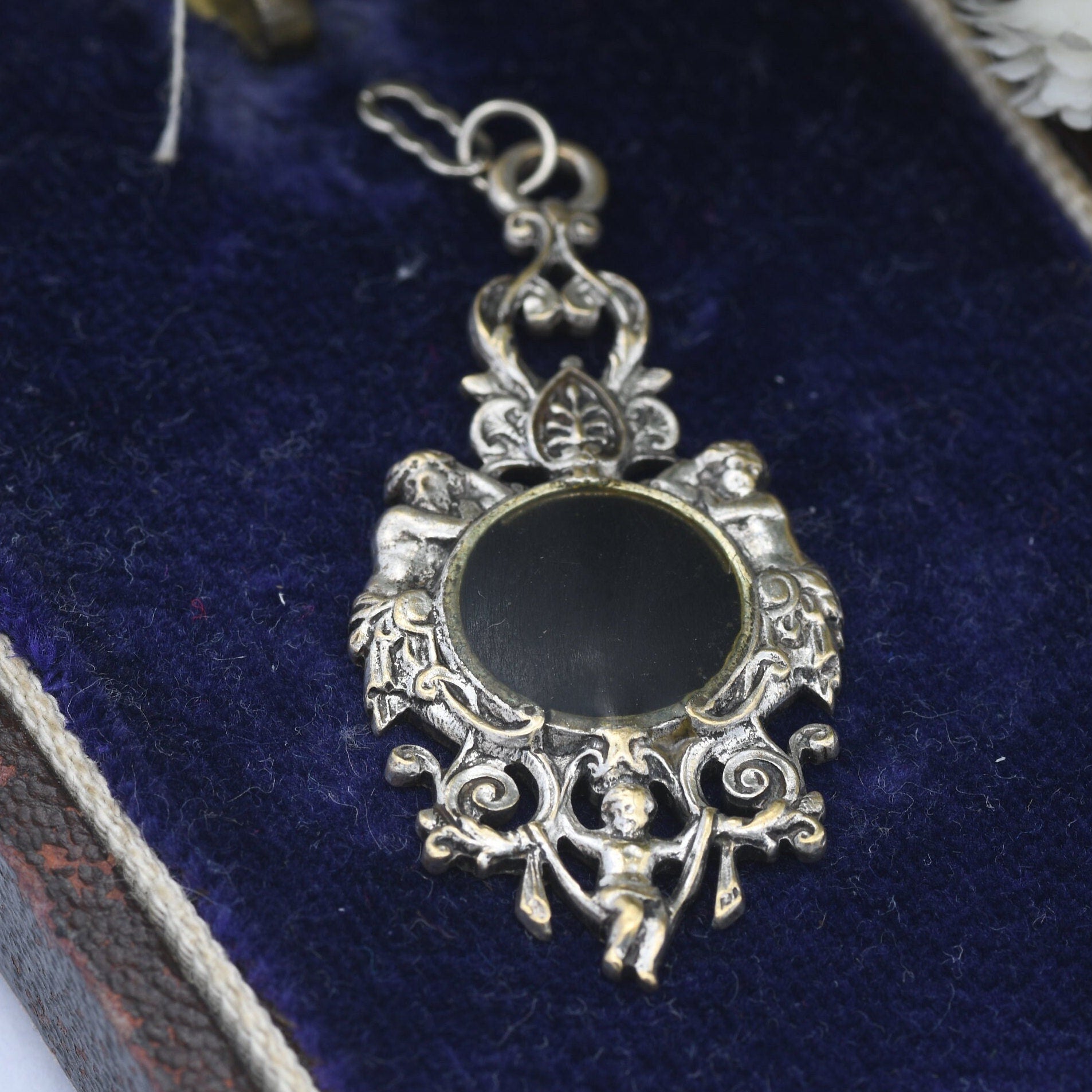 Vintage Cherub Charm Pendant - Ornate Antique Style | Seraph Babies | Black Enamel