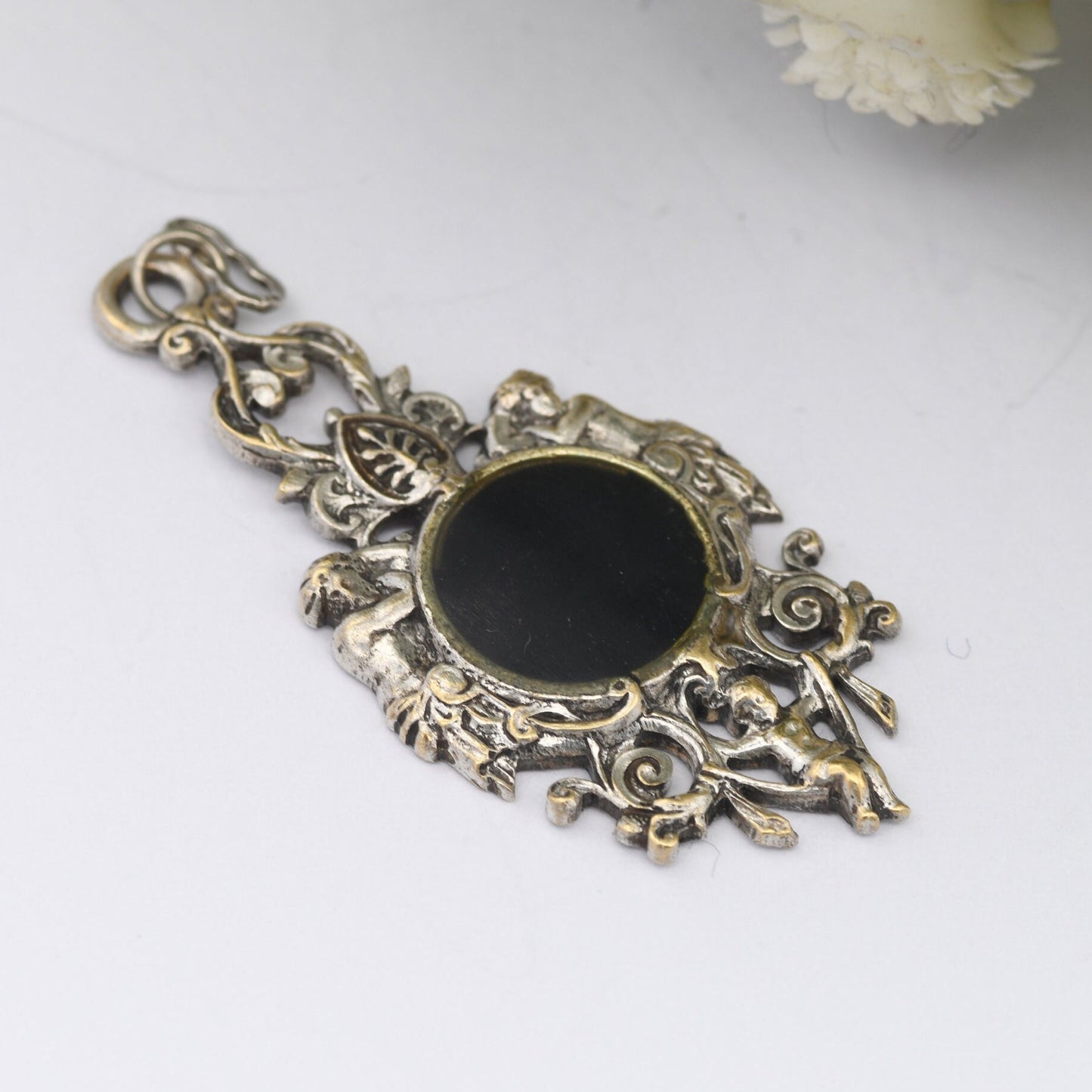 Vintage Cherub Charm Pendant - Ornate Antique Style | Seraph Babies | Black Enamel