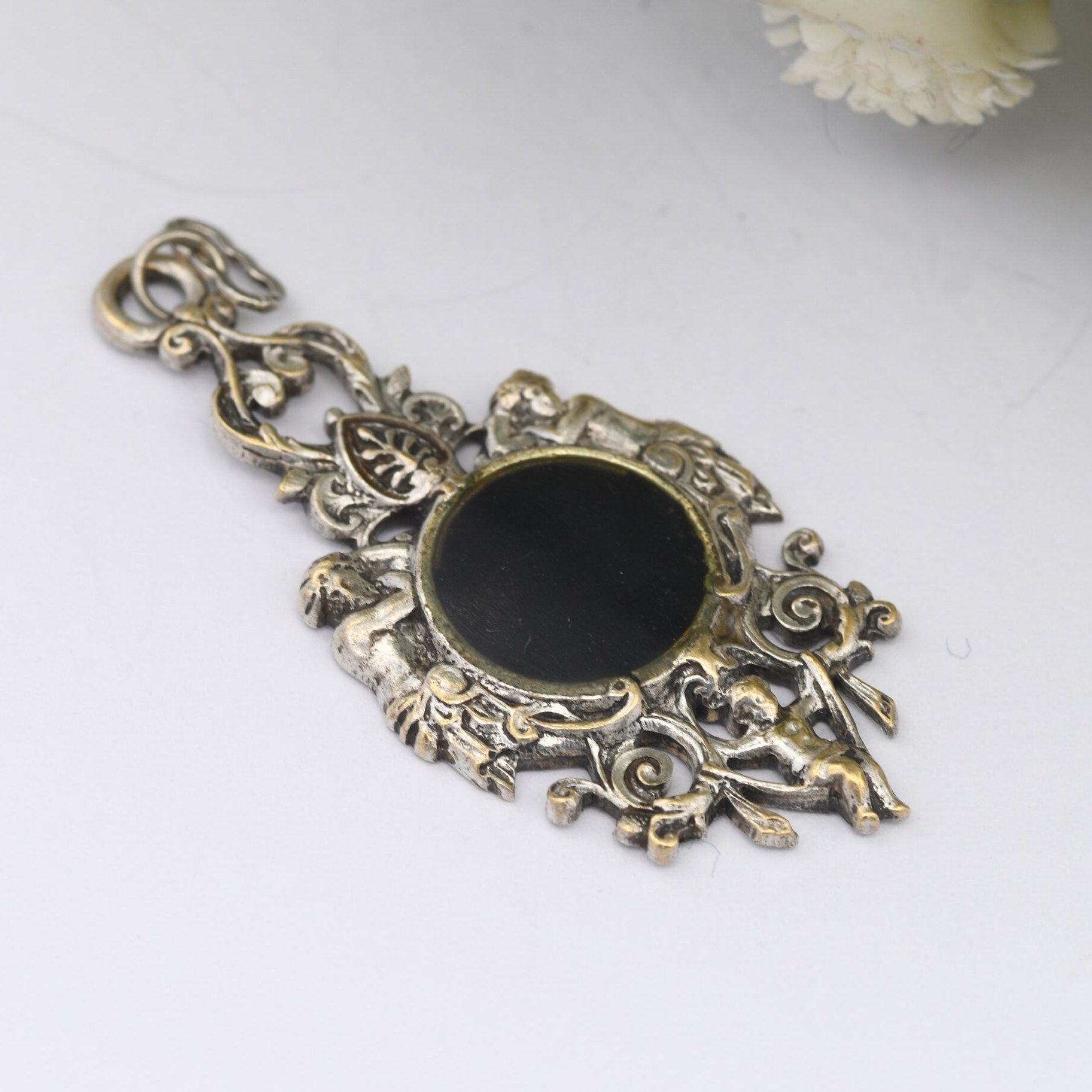 Vintage Cherub Charm Pendant - Ornate Antique Style | Seraph Babies | Black Enamel