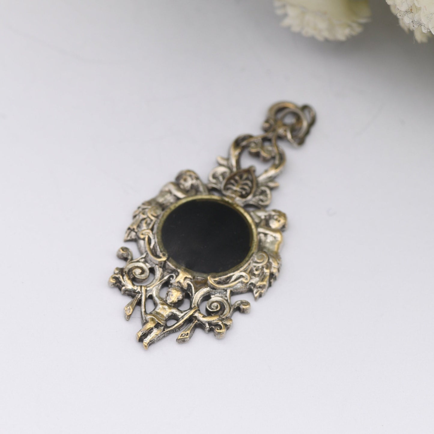 Vintage Cherub Charm Pendant - Ornate Antique Style | Seraph Babies | Black Enamel